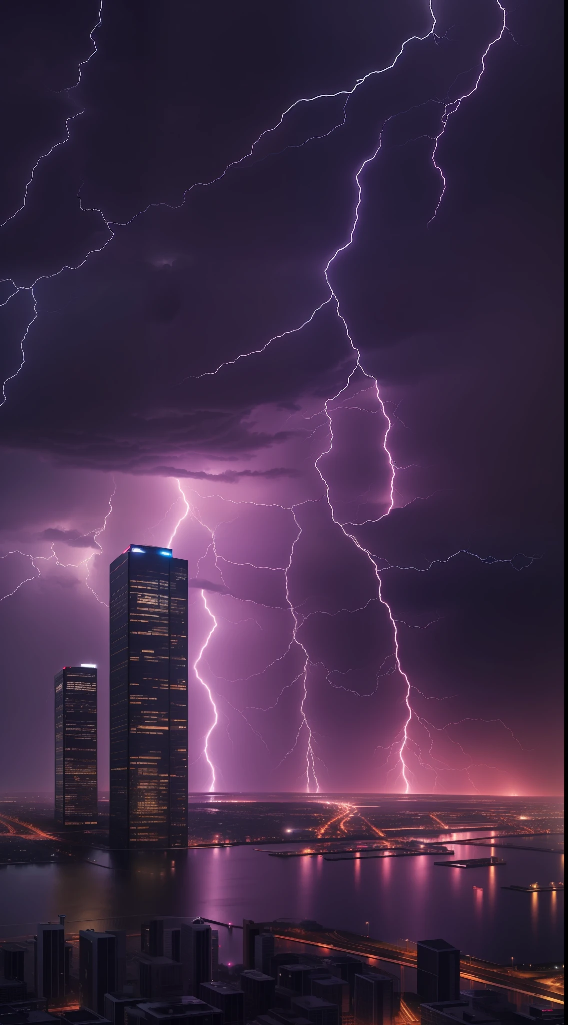 "Intense and photorealistic thunderstorm ravages a modern city at night with vivid lightning strikes and heavy rainfall, showcasing the highest quality visuals and zero perceptible noise. Stunningly detailed in 8k resolution."