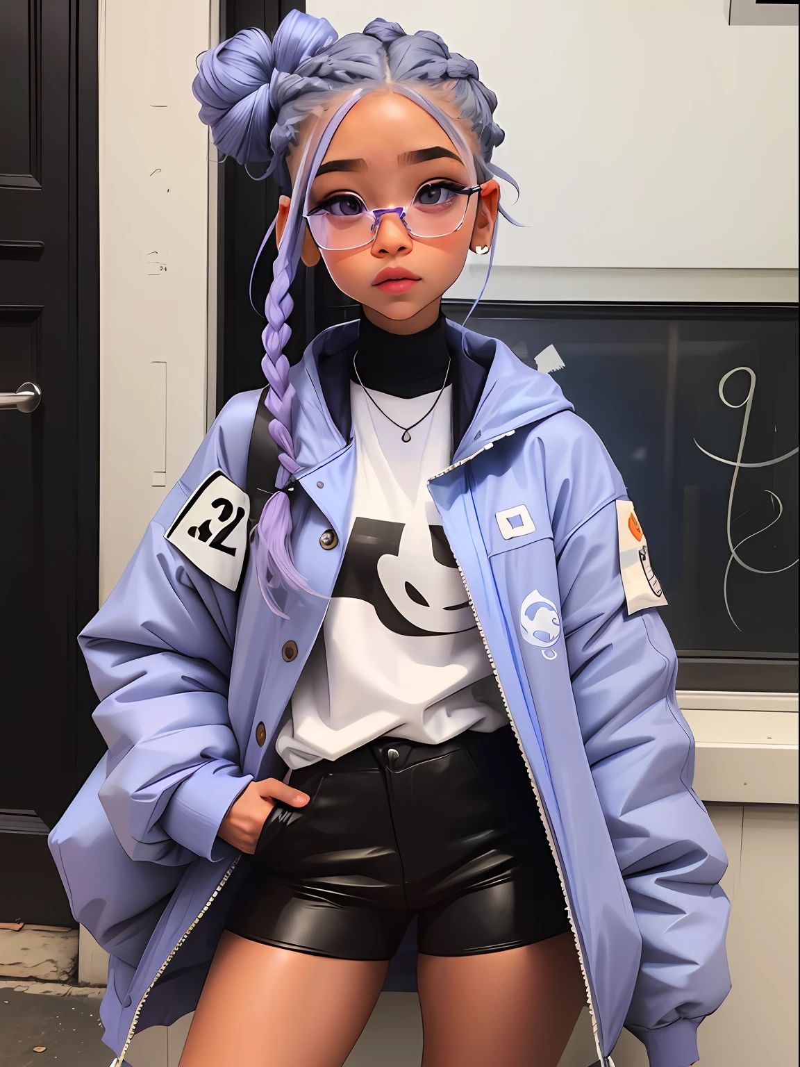 meninita e fofa, wearing prescription glasses, jaqueta amarela, moletom branco, babyface, estilo chibi, two-color lilac and blue hair, braided hair ponytail, olhos de detalhe perfeito, rosto delicado, CG perfeito, qualidade de imagem HD, fundo simples