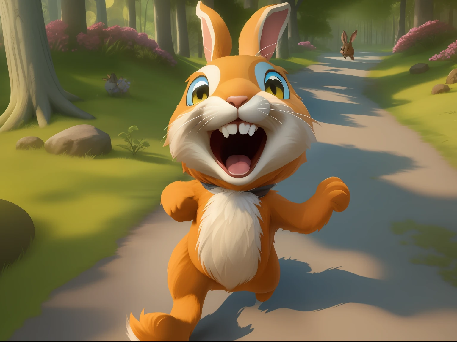 Comando: criar personagem realista, cinematic, 3D de um coelho colorido ,feliz ,correndo e saltando  na floresta com amigos, various expressions and poses to illustrate a children's storybook. description: Generate an image of an adorable, smiling rabbit running among the trees in the forest, expressando pura felicidade e liberdade.