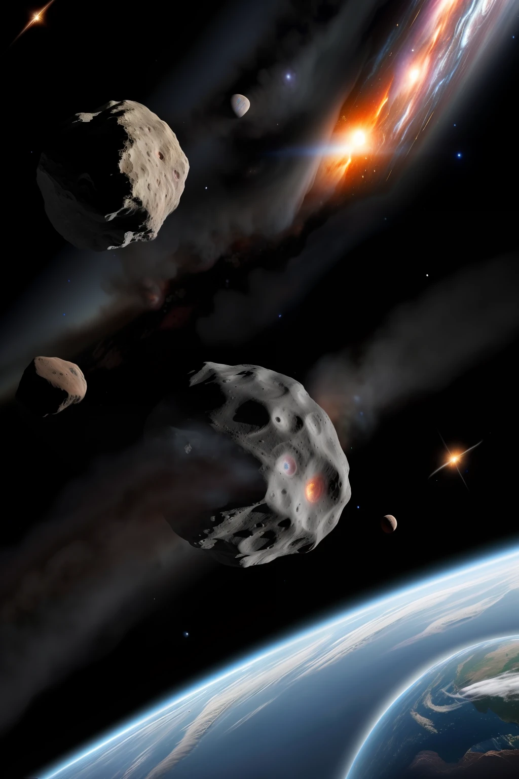 Digital art of an explosion 66 million years ago, an asteroid as large as Mount Everest headed for a deadly collision course with Earth's space Staffordshire terrier in space, Earth and a galaxy in the background, epic realistic, 8k, luz natural