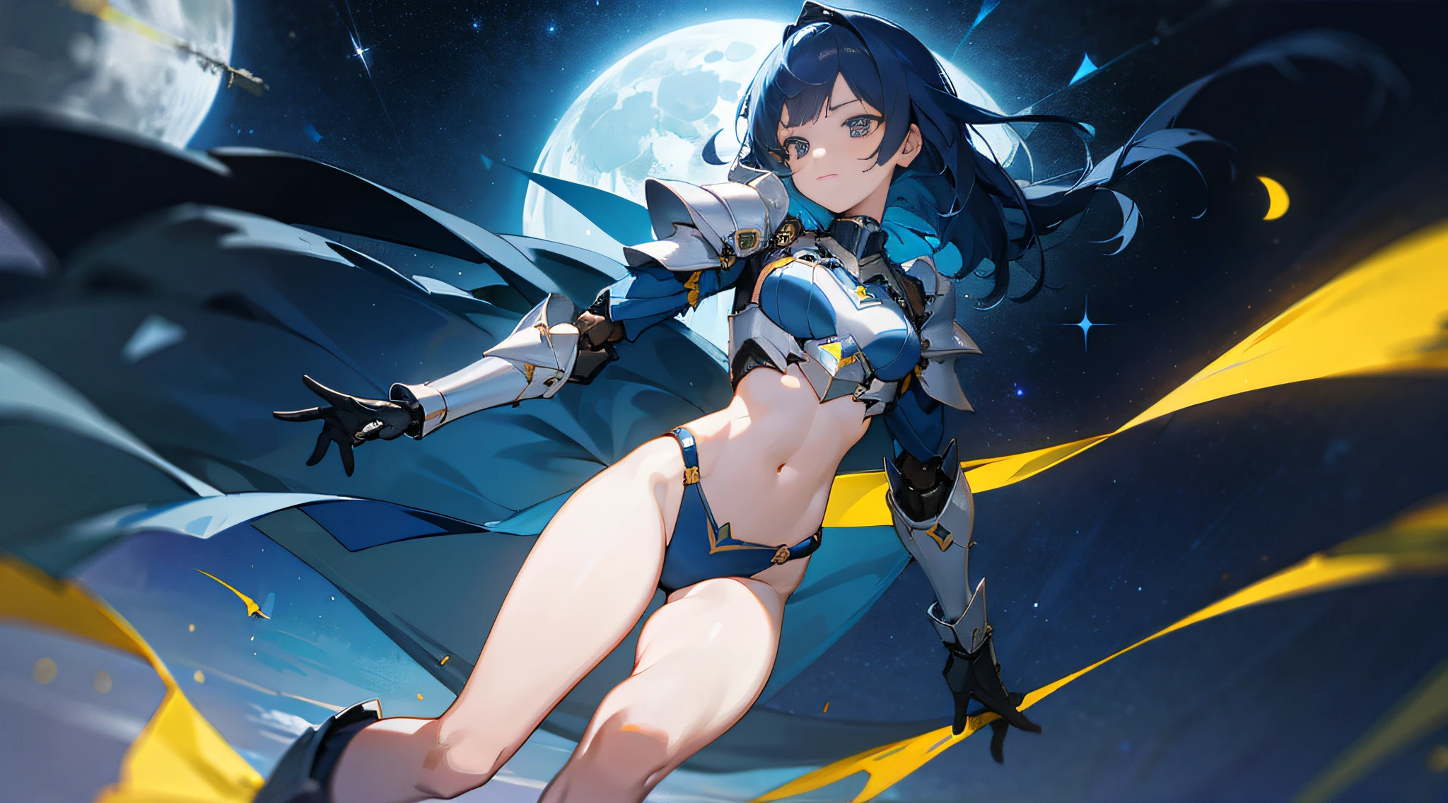 A girl，(ssmile:0.6)，middlebreast，Short，Blue Law，At night，starrysky，Floating in the air，full bodyesbian，，themoon，Deep blue armor，(Mechanical armor:1.1)，Bare belly，Bare thighs，Overlooking，solo