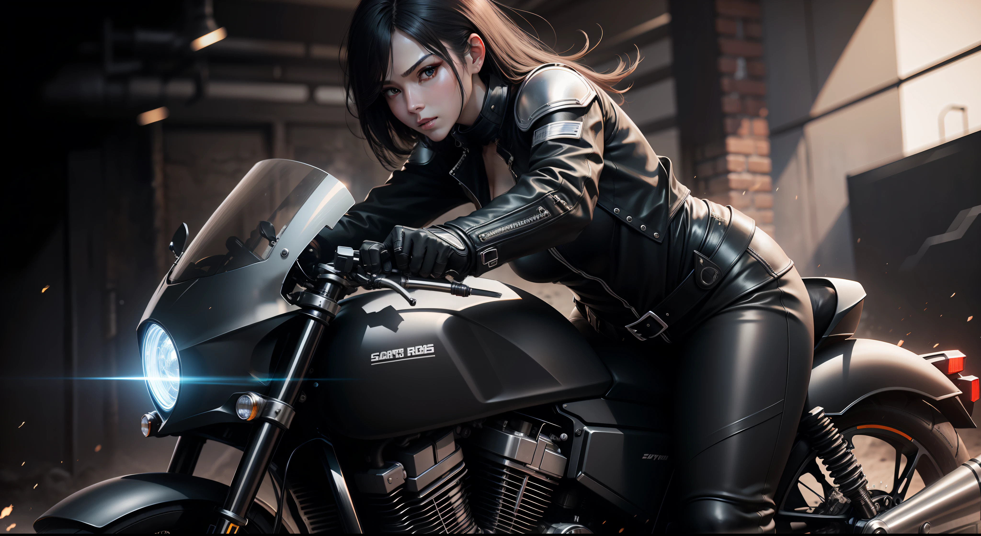 riding motorcycles，Beauty Knight，Wear a black helmet，Black tight leather jacket，full bodyesbian，frontage，Streamlined exterior design，超高分辨率，The texture is delicate，Particle sense，unreal-engine，rendering by octane，cinmatic lighting