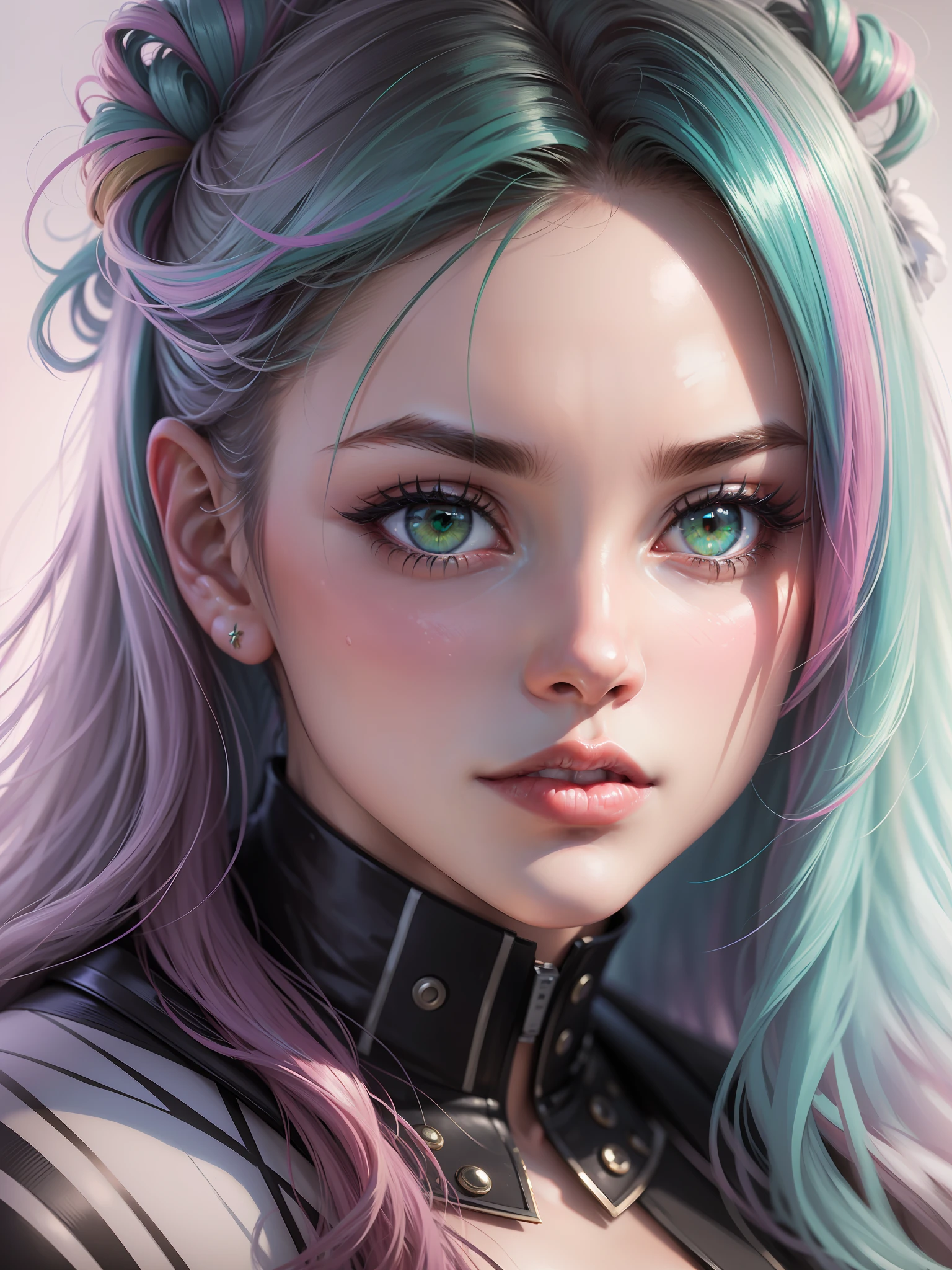 'Close up portait beautiful girl, prated hair, green eyes, in modern fighting costume, hyper realistic, pastel colors, complementary colors, soft colors, vibrant colors, dramatic colors, vaporwave, retrowave, black and white, colorfull, artochrome, highly detailed, 4K'
