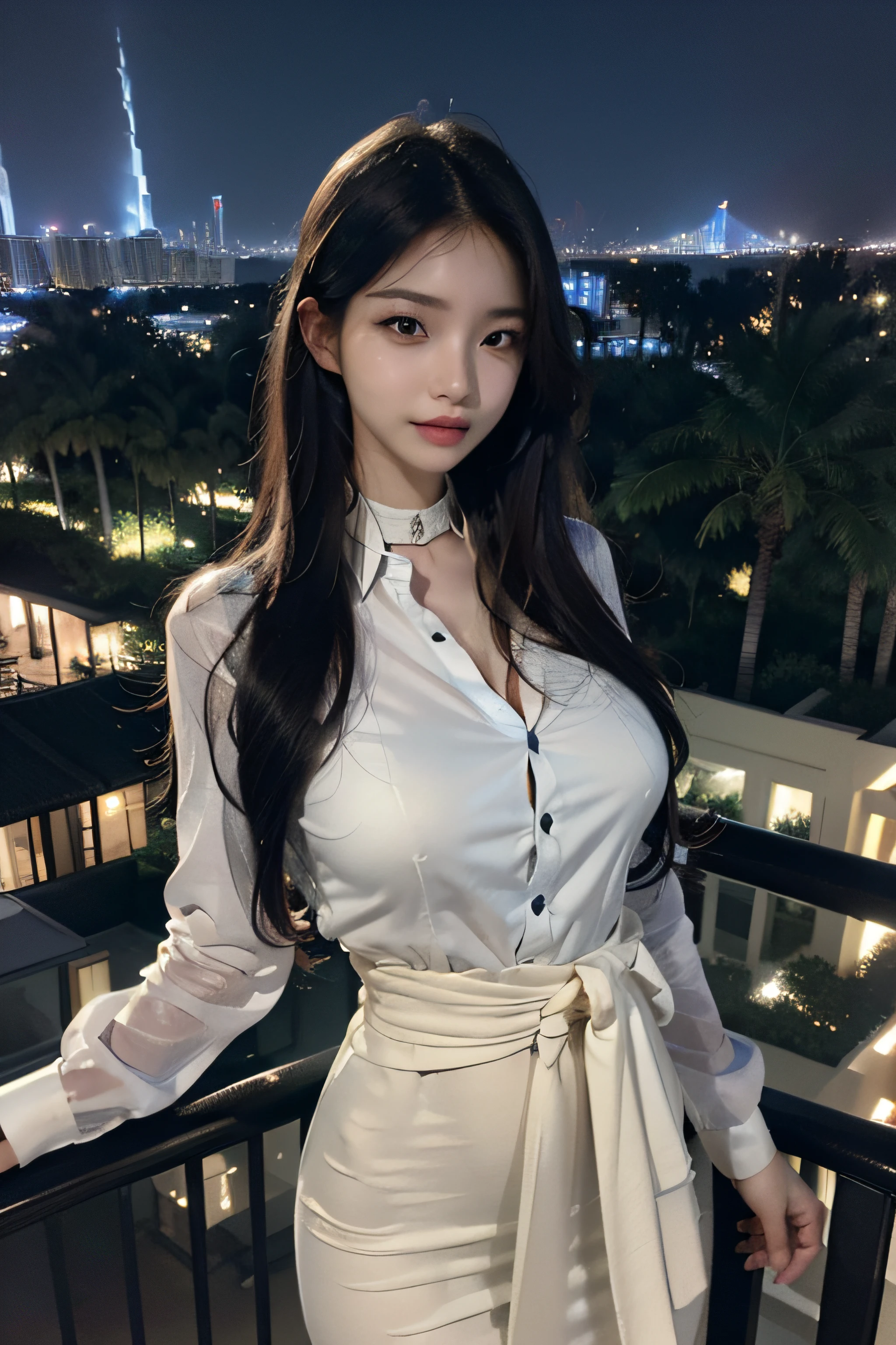 top-quality、masterpiece、(Photorealsitic:1.4)、1girl in、Super Detailed Face、detailedeyes、Light smile、shirt with collar、from waist up、Dramatic Lighting、frombelow、Night view of Dubai from balcony on background、marina、