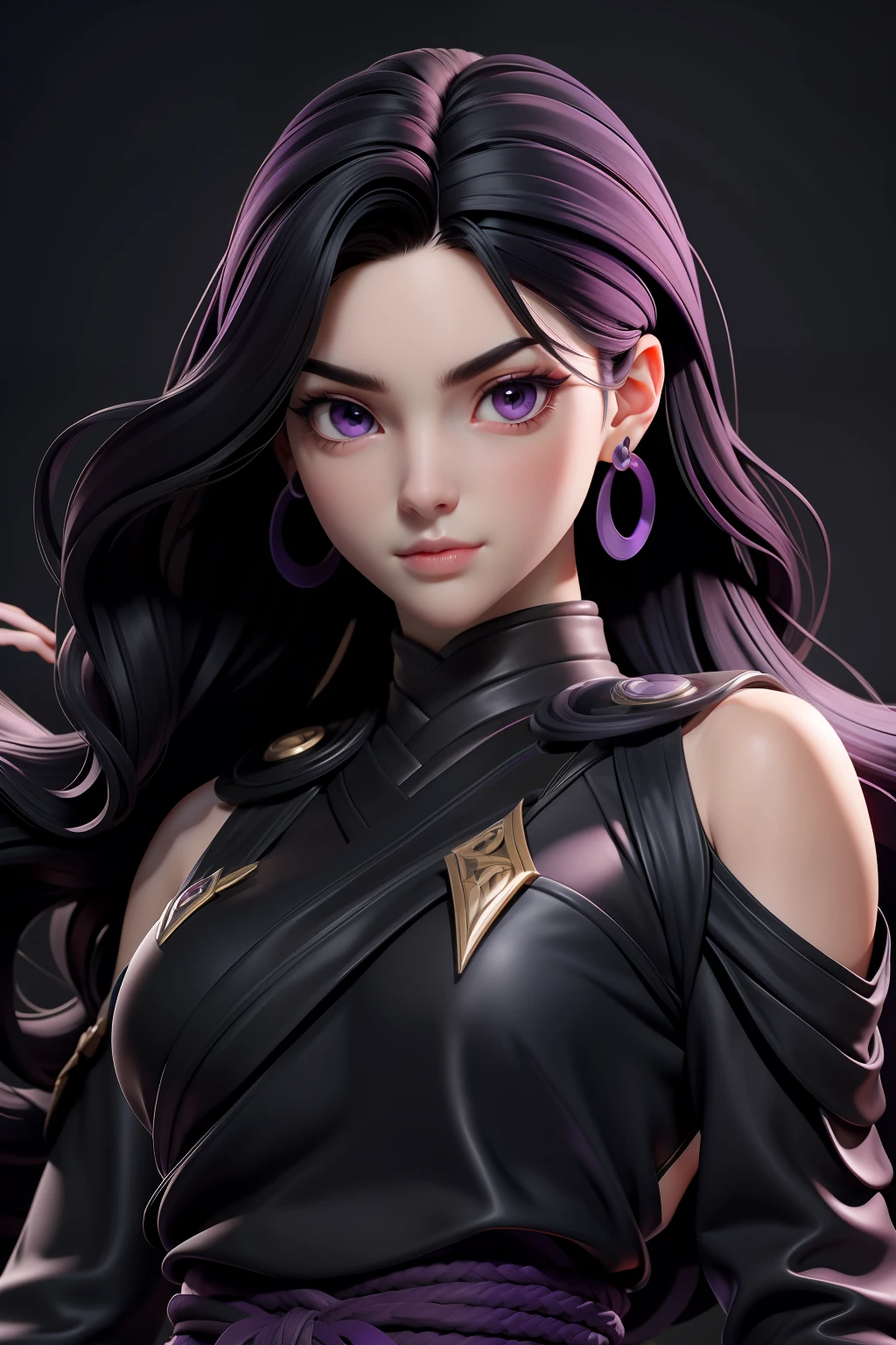 masterpiece, best quality, 1 girl, purple eyes, pale skin, dark black hair, long hair, earrings, jewelry, japanese, ninja, simple background, solo, upper body, wavy hair