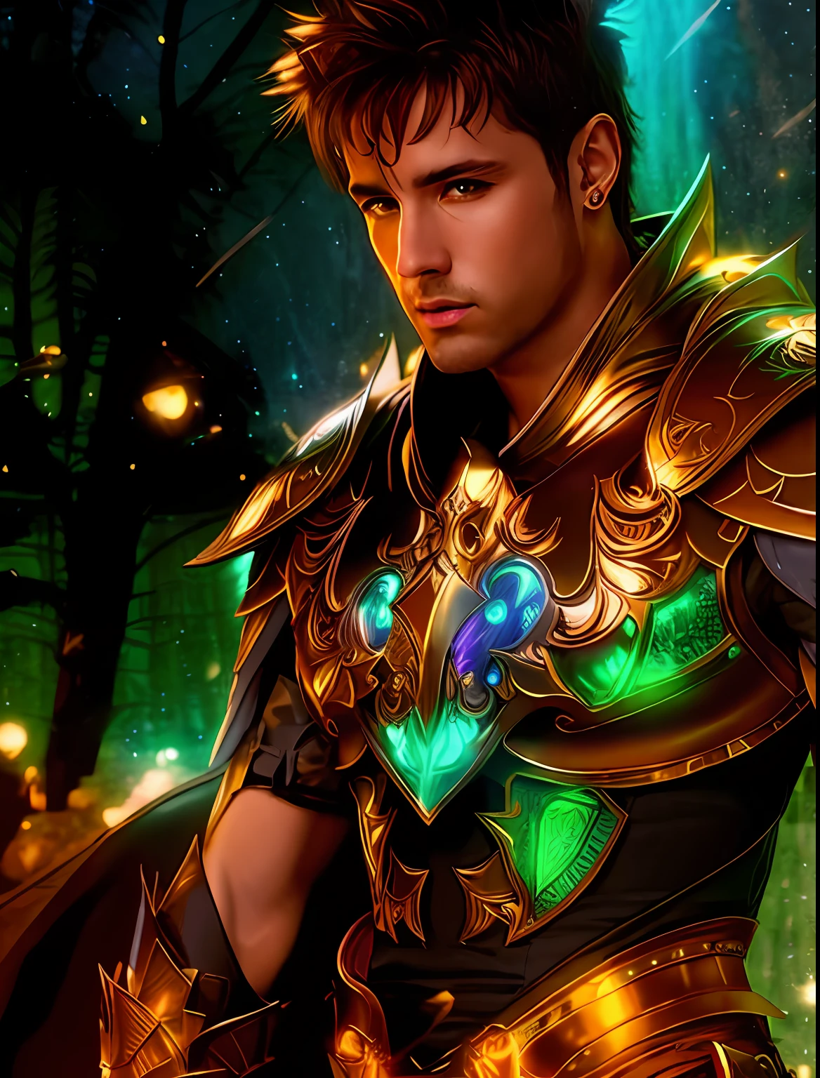 Arad male in armor，Glowing armor and glowing lights, fantasy male portrait, Epic fantasy digital art style, Epic fantasy art style HD, detailed fantasy digital art, Epic fantasy art style, Beautiful male elf, Detailed digital 2D fantasy art, Fantasy art Behance, attractive beefy male with armor, attractive male with armor, hyper-detailed fantasy character