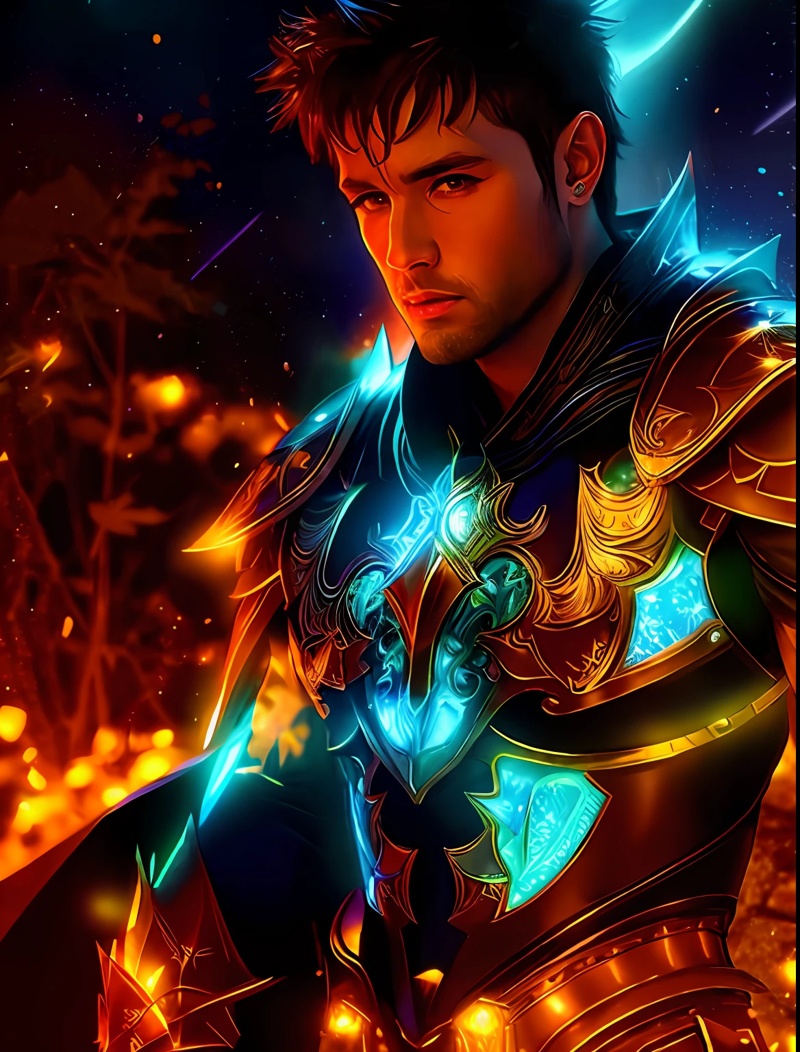 Arad male in armor,Glowing armor and glowing lights, fantasy male portrait, Epic fantasy digital art style, Epic fantasy art style HD, detailed fantasy digital art, Epic fantasy art style, Beautiful male elf, Detailed digital 2D fantasy art, Fantasy art Behance, attractive beefy male with armor, attractive male with armor, hyper-detailed fantasy character