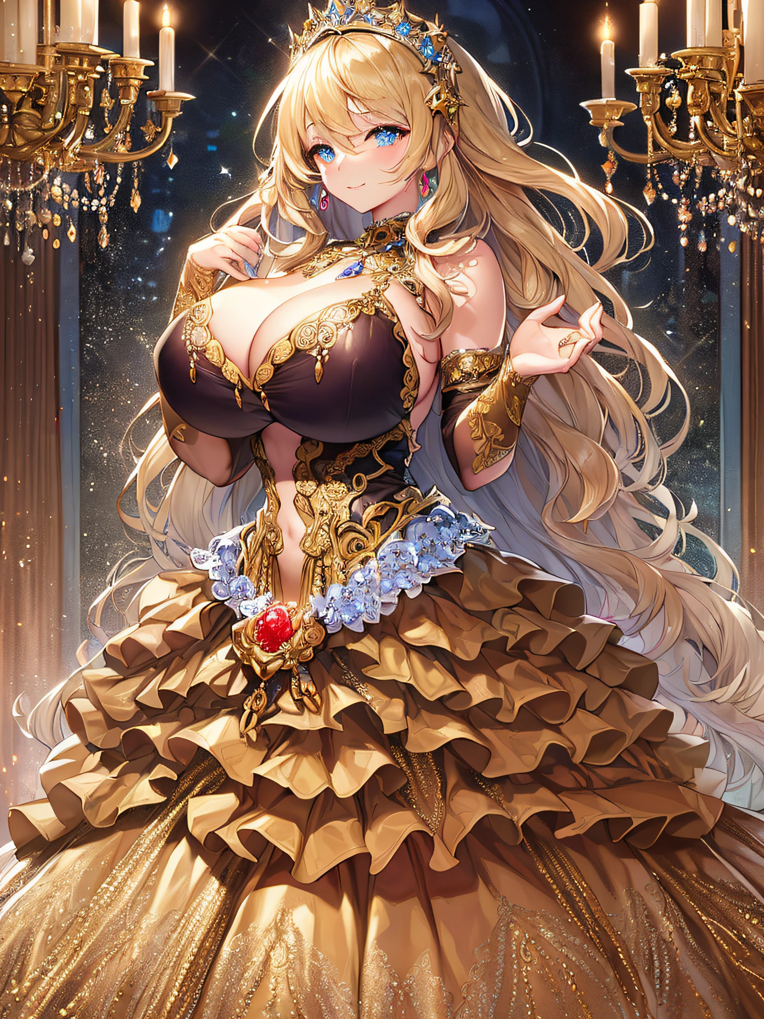 ((anime artstyle)),(Masterpiece),(Best Quality), (Super Detail),((Very Delicate and Beautiful)),((Solo)),((full body)),(((1 princess in beautiful embroidery and jeweled extremely gorgeous rococo ball gown dress with voluminous bouffant skirt))),Long train,gorgeous gemstone jewelry,detailed face and eyes,jewel-like eyes,(seductive smile),((extremely voluminous Very Long Hair,Straight Hair)),((extremely gigantic tits,Long tits)),curvy,skindentation,(gorgeousfull embroidery and lace),gorgeous corsage,See-through,extremely gorgeousfull hair ornament,extremely gorgeousfull glitter jeweled tiara,ornate ruffles,((full body)),((hoop skirt,crinoline)),Dynamic Angle,Looking at viewer,((beautiful embroidery and jeweled extremely gorgeous rococo ball gown dress with voluminous bouffant skirt)),full body