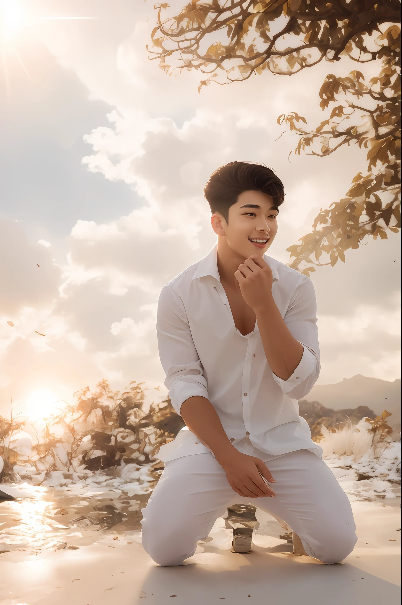 oppav3, (masterpiece, super quality, high resolution, 8k, complex: 1.2), (detailed face: 1.2), (wearing a white shirt: 1.5), handsome, detailed skin, pores, absurdity, lump, 1 boy, male focus, (realistic)), good lighting quality, delicate body, hallyu idol, ((pale skin)), bend, balanced eyes, brown eyes, smile, white teeth, smooth hair