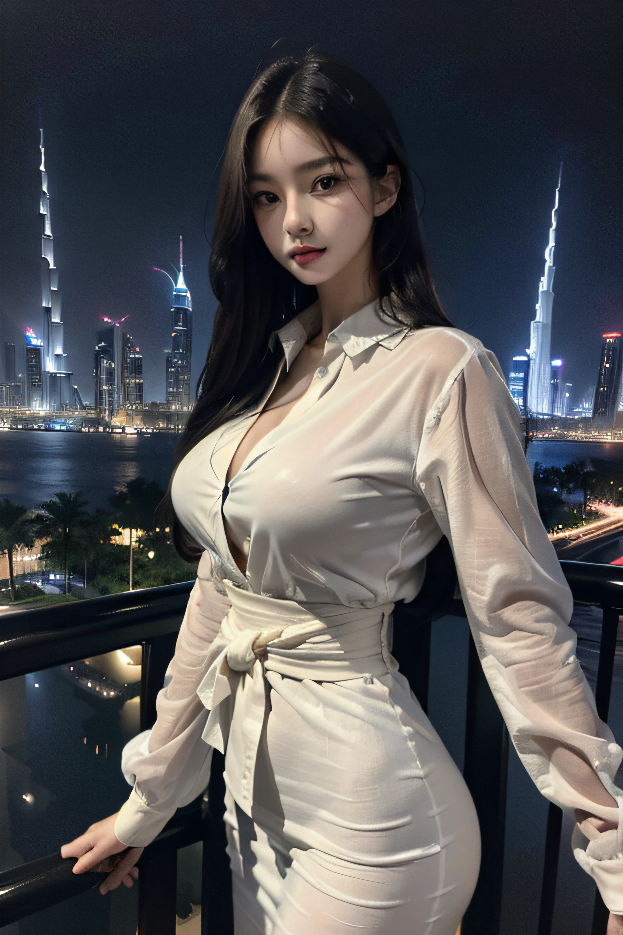 top-quality、​masterpiece、(Photorealsitic:1.4)、1girl in、Super Detailed Face、detailedeyes、Light smile、shirt with collar、from waist up、Dramatic Lighting、frombelow、Night view of Dubai from balcony on background、marina、