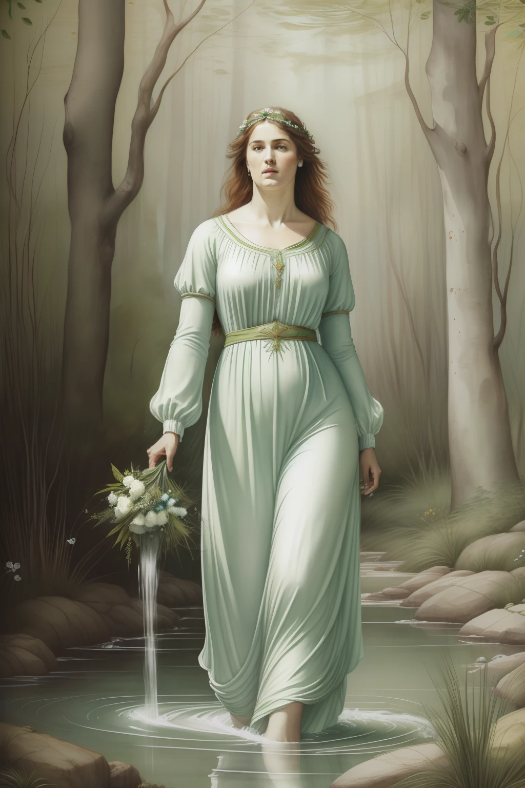 floresta, samambaias. fonte de cura, floresta encantada, juncos, juncos, pantâno. ervas de cura. (((Pre-Raphaelite painting de um druida celta de branco colhendo ervas na beira de uma fonte de cura, medic, ervas de cura, white and green tunic, curandeiro, rosto delicado)))