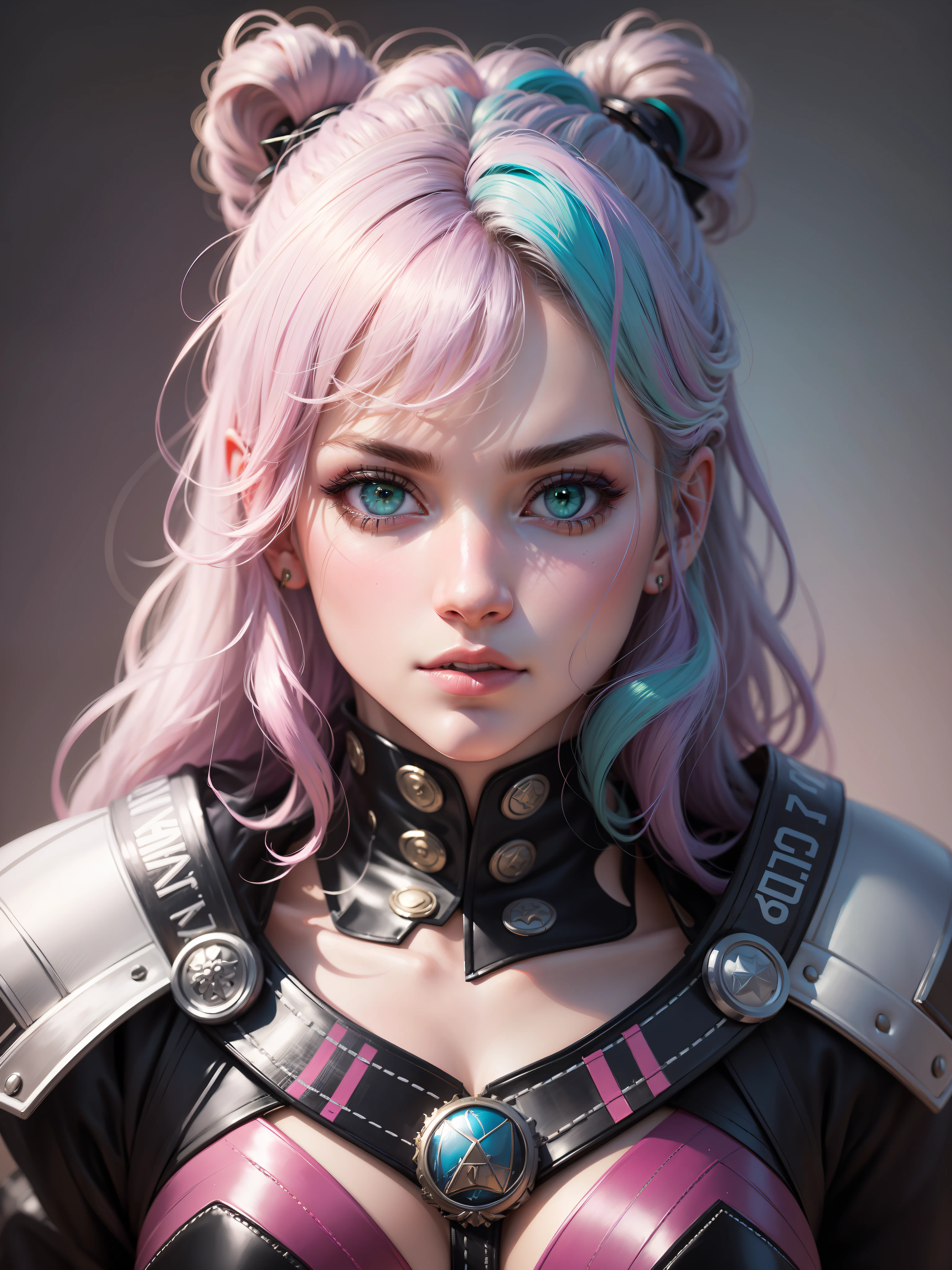 'Close up portait beautiful girl, prated hair, green eyes, in modern fighting costume, hyper realistic, pastel colors, complementary colors, soft colors, vibrant colors, dramatic colors, vaporwave, retrowave, black and white, colorfull, artochrome, highly detailed, 4K'
