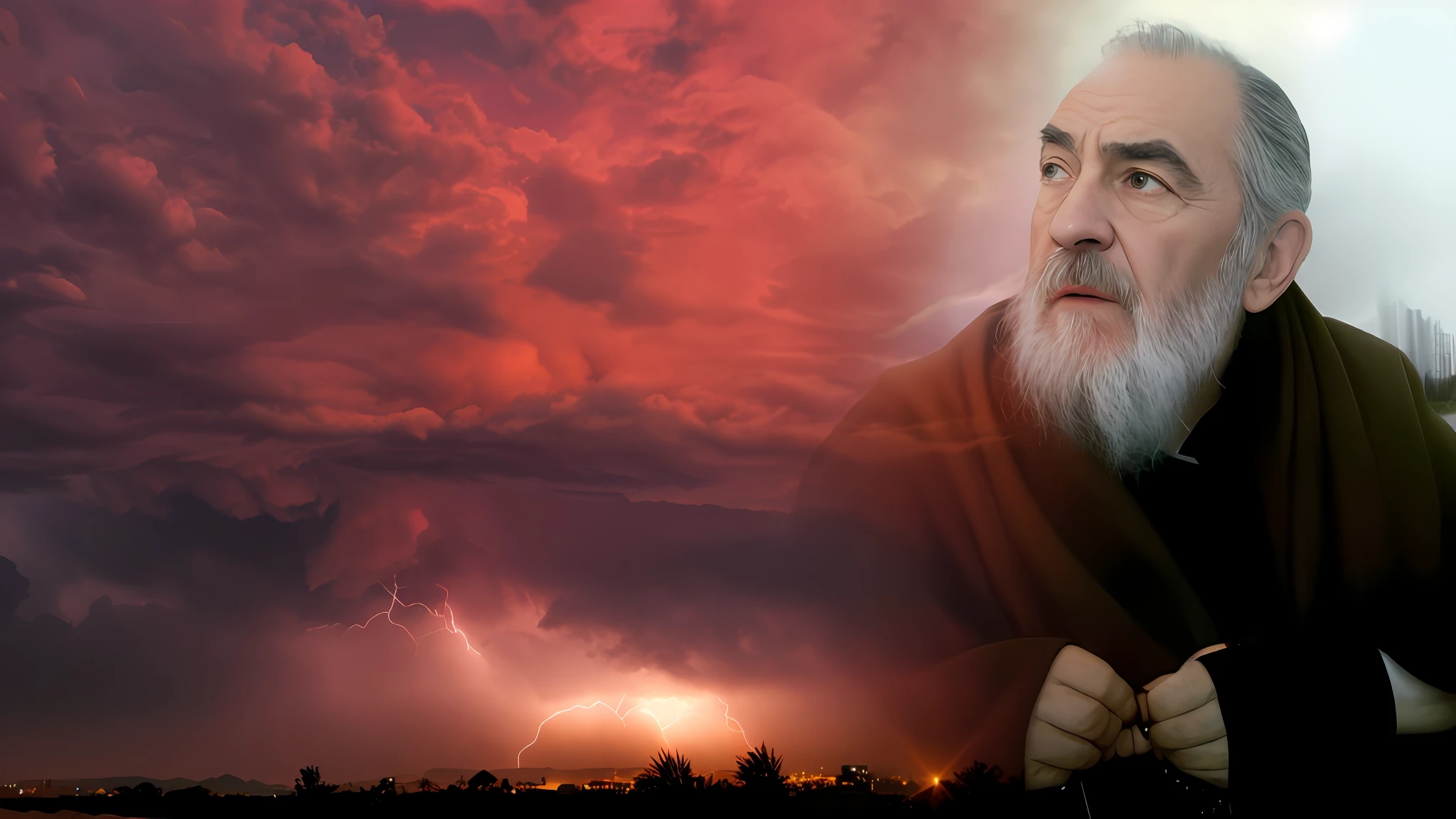 Imagem de um homem com barba , um padre padre pio,e um raio ao fundo, epic clouds and godlike lighting, god ray through clouds, Khomeini, God Enlightenment, em uma tempestade de luz, Sean Connery como Gandalf, Raio de Deus, the sea and storms behind him, durante uma tempestade, mega, Deus olhando para mim, God Atheism, Tempestade chegando