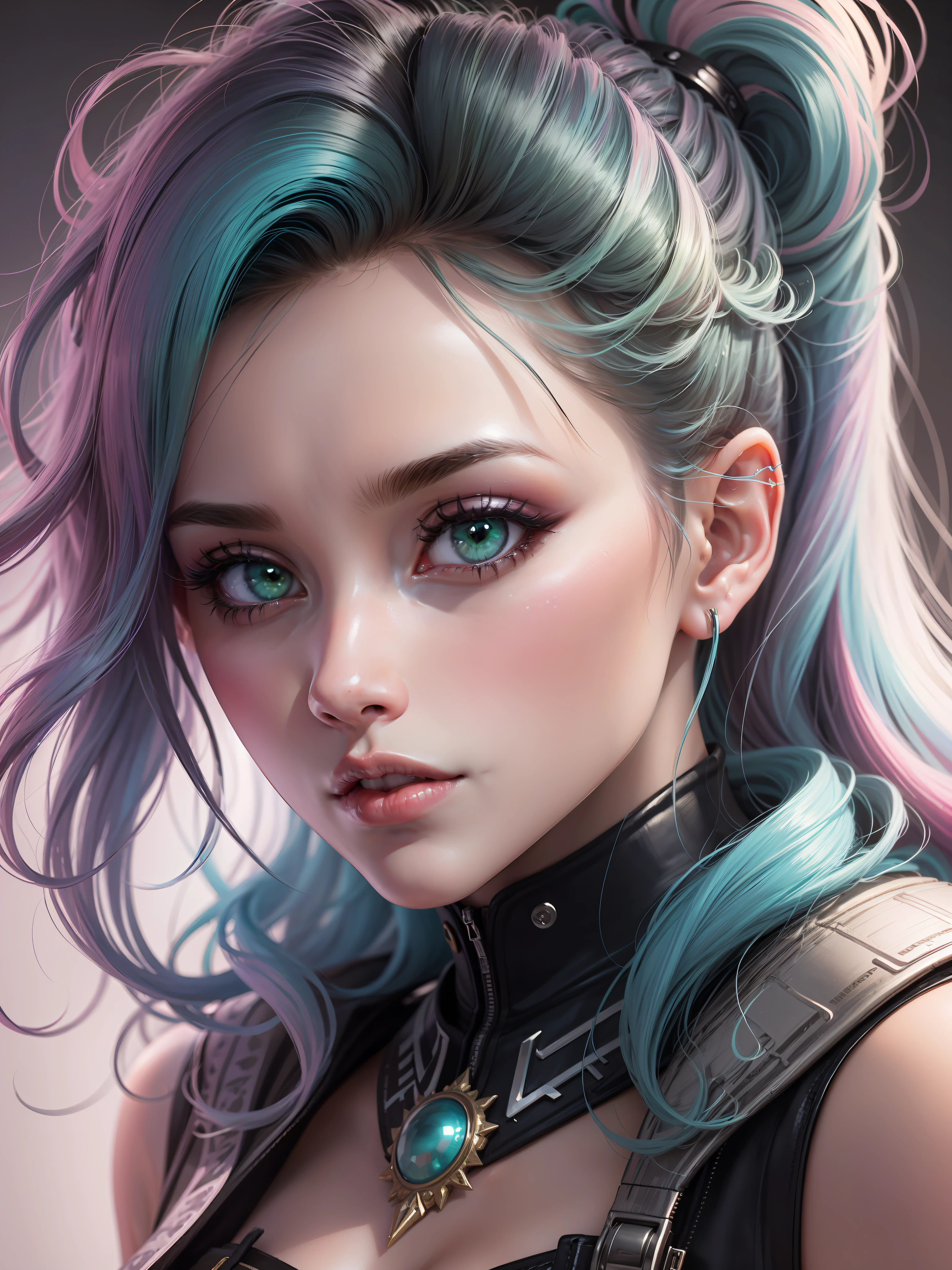 'Close up portait beautiful girl, prated hair, green eyes, in modern fighting costume, hyper realistic, pastel colors, complementary colors, soft colors, vibrant colors, dramatic colors, vaporwave, retrowave, black and white, colorfull, artochrome, highly detailed, 4K'
