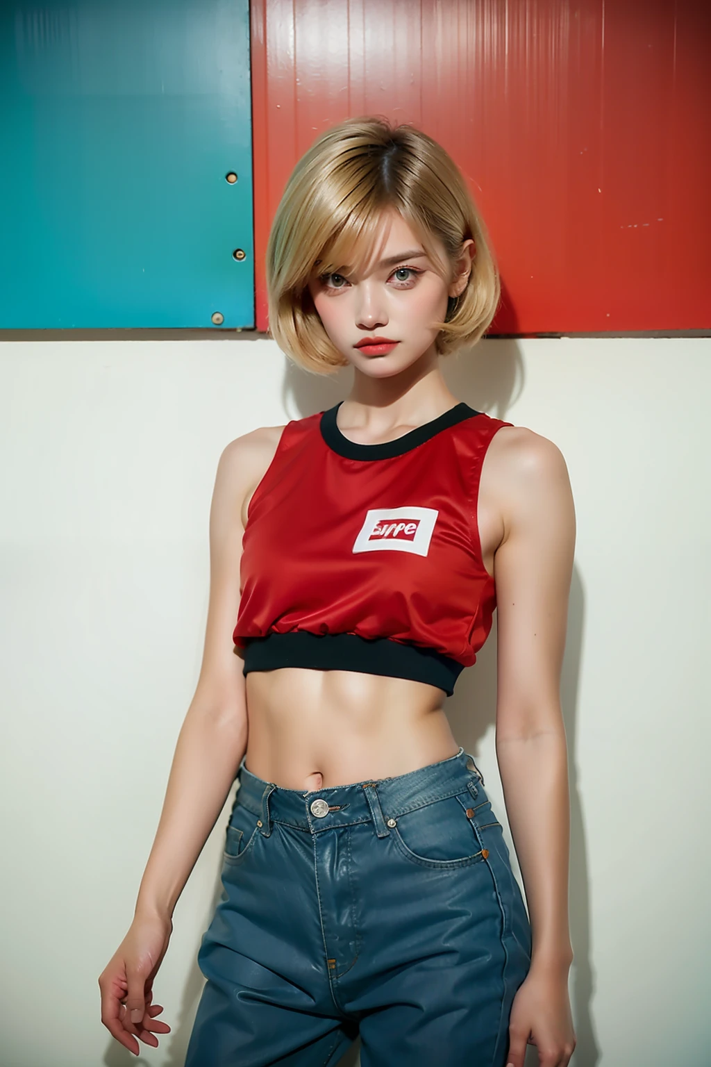 1 girl,cut_clothes,abstract 1998 european blond hiphop girl by sachin teng x supreme, Abs,attractive, stylish, designer, red, geometric shapes, graffiti, street art, full body, cowboy shot,