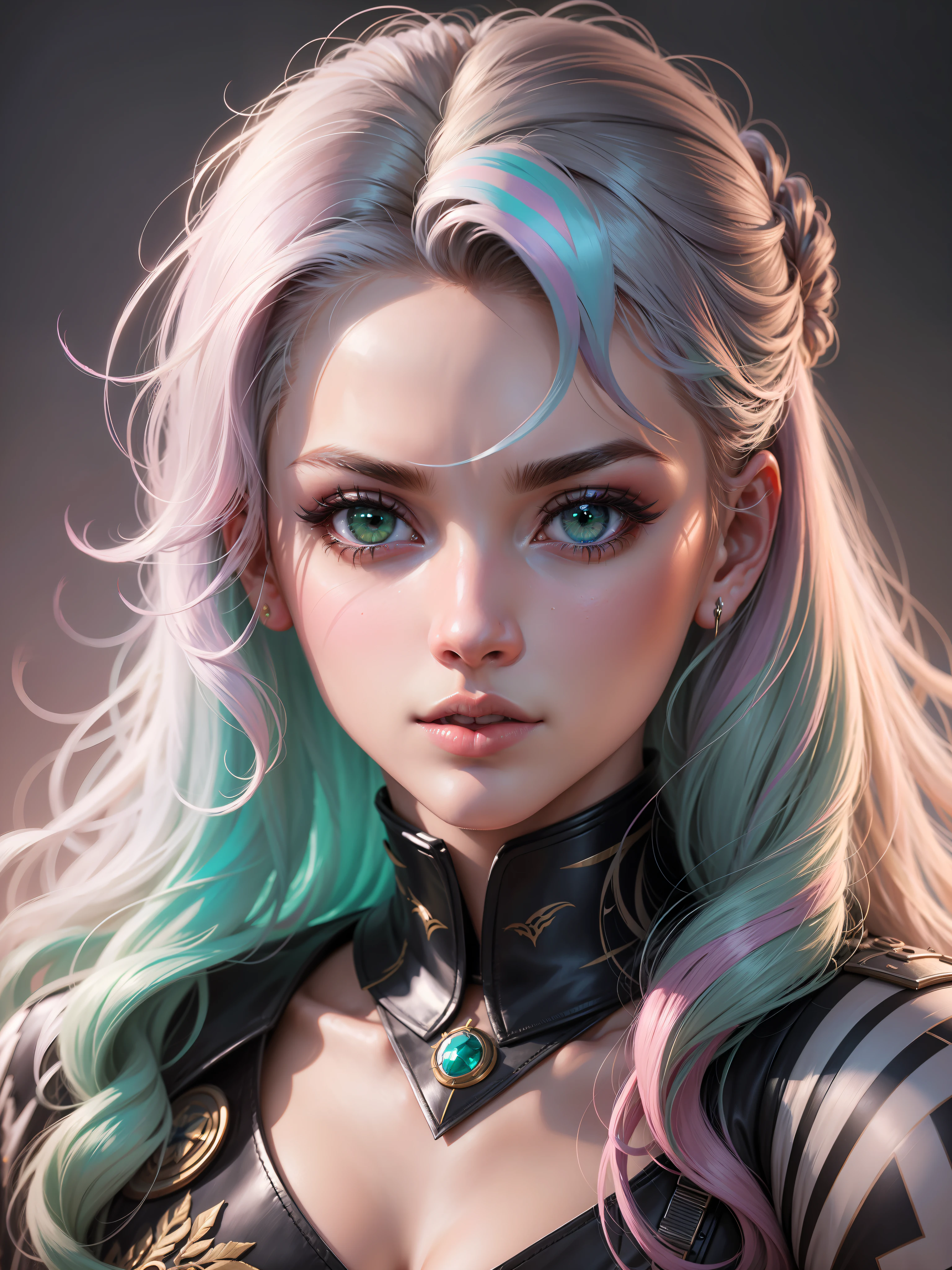 'Close up portait beautiful girl, prated hair, green eyes, in modern fighting costume, hyper realistic, pastel colors, complementary colors, soft colors, vibrant colors, dramatic colors, vaporwave, retrowave, black and white, colorfull, artochrome, highly detailed, 4K'