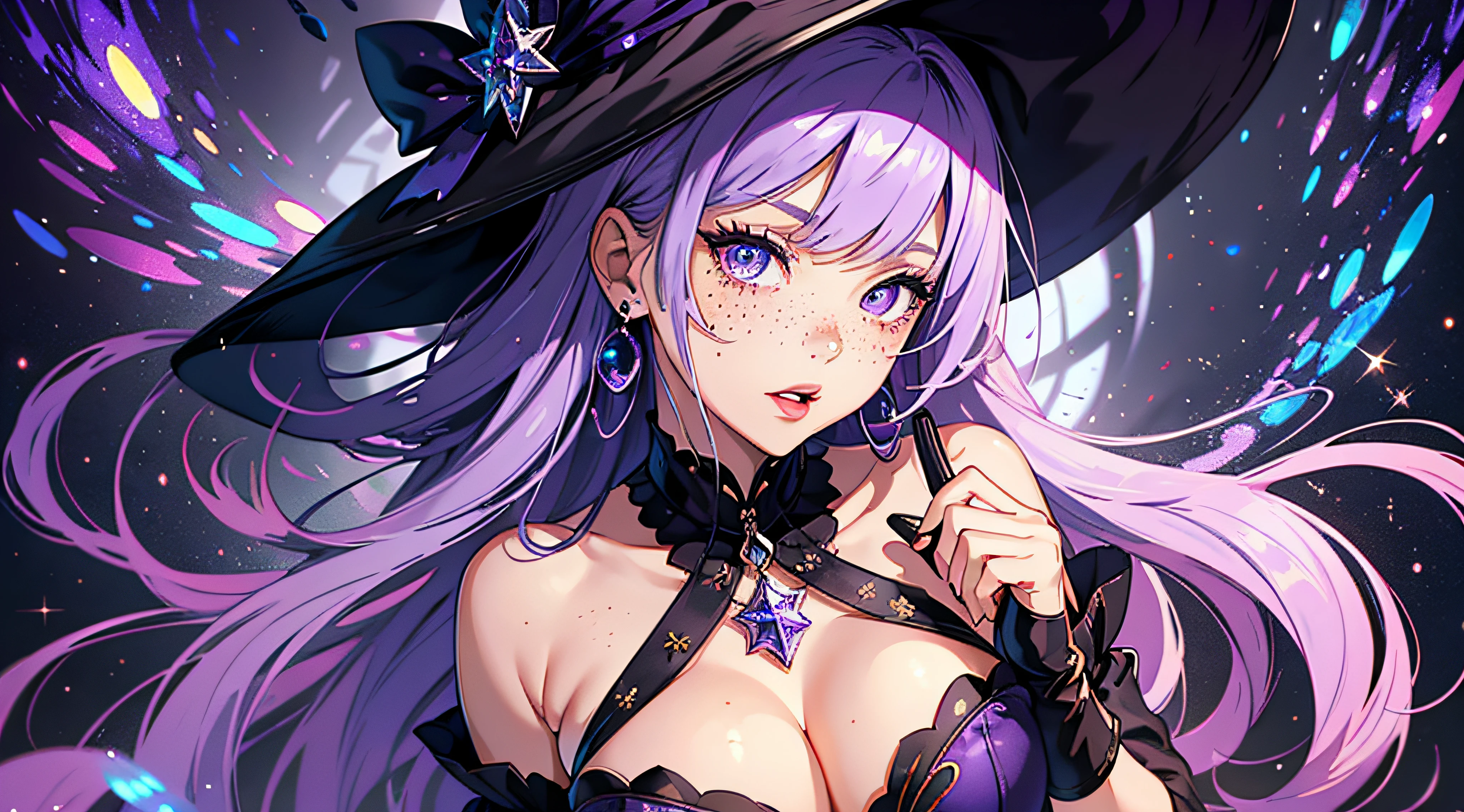 1 girl, solo, witch, (masterpiece), inked, mature female, long purple hair, styled bangs, detailed beautiful eyes, violet eyes, jewel eyes, sparkling diamond pupils, freckles, detailed body, ultra-detailed face, short-sleeved shirt lilac color, cleavage, purple corset, lilac short skirt, black stockings, lilac witch hat, star earrings, mature woman, WonderWaifu, dynamic pose