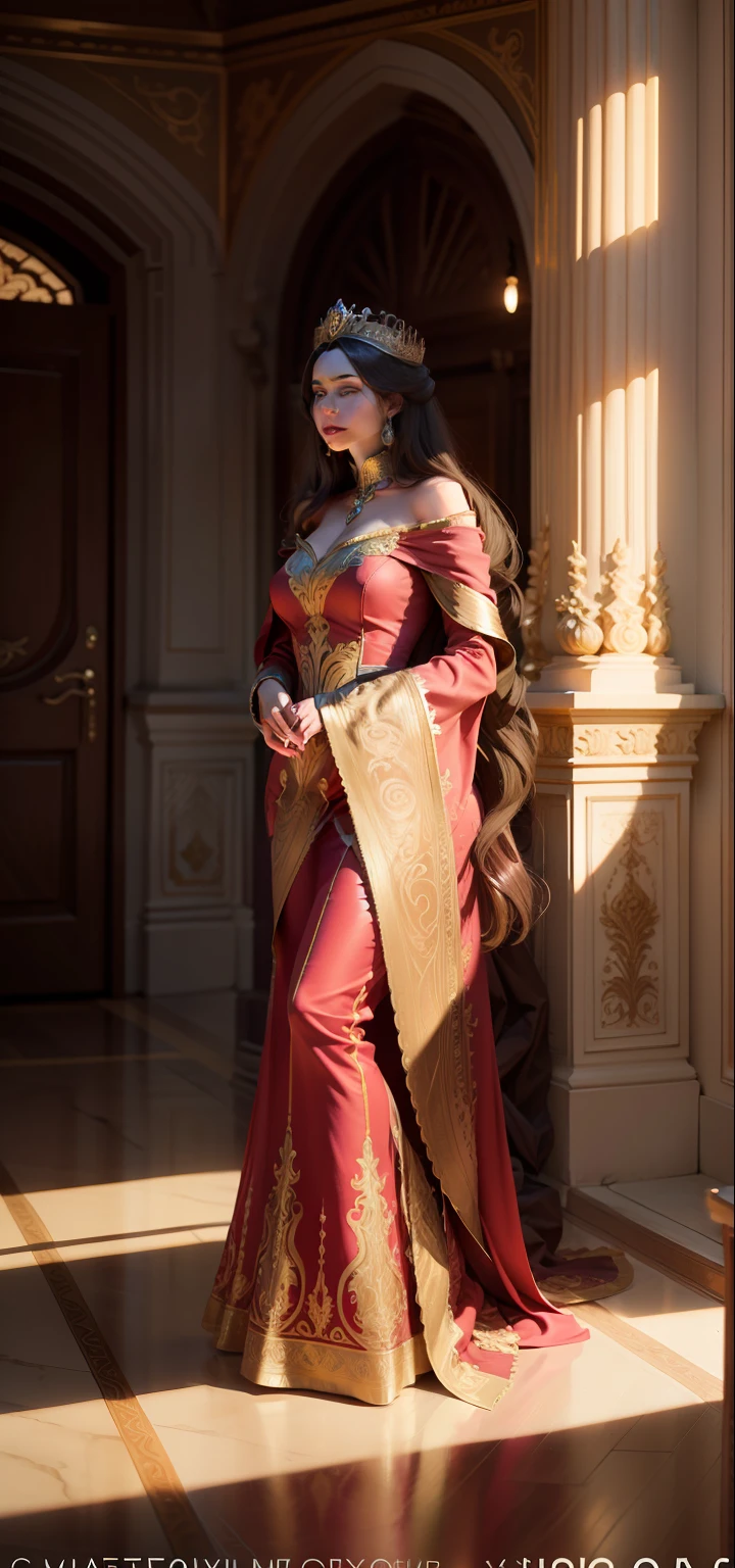 "Transform the background into a majestic princess palace, where she stands in her exquisite dress, creating a hyper-realistic depiction of a human face."