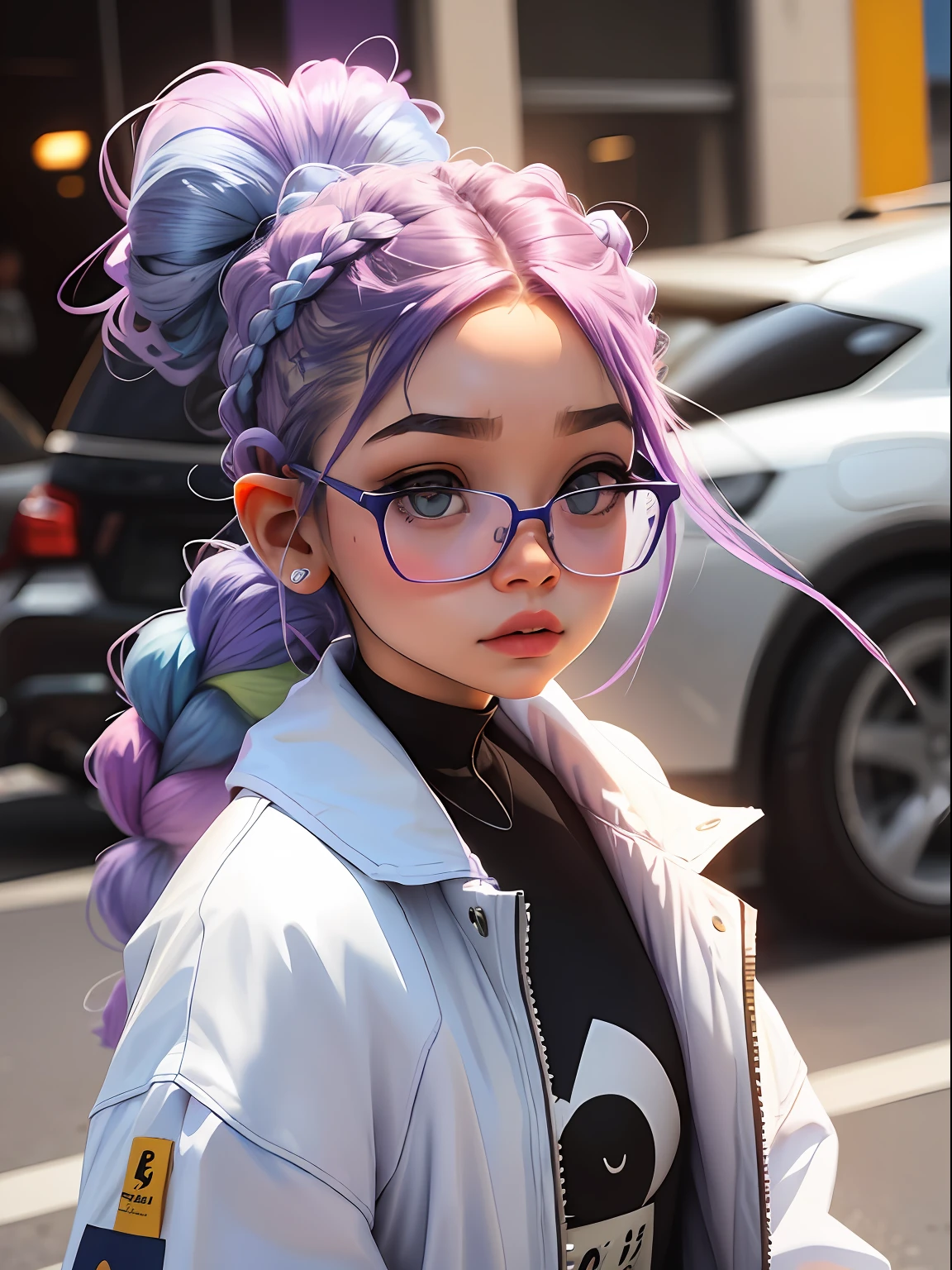 loli menina, bonita e fofa, wearing prescription glasses, jaqueta amarela, moletom branco, babyface, Estilo Chibi, bicolored lilac and blue hair, braided ponytail, olhos de detalhe perfeito, rosto delicado, CG perfeito, Qualidade de imagem HD, fundo simples