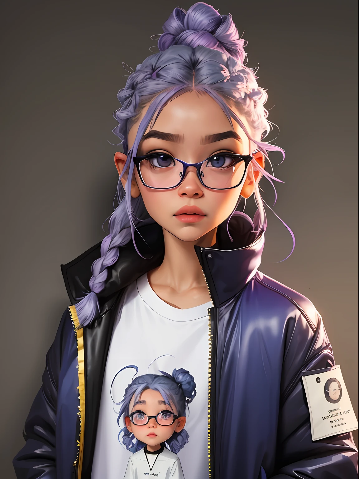 loli menina, bonita e fofa, wearing prescription glasses, jaqueta amarela, moletom branco, babyface, Estilo Chibi, bicolored lilac and blue hair, braided ponytail, olhos de detalhe perfeito, rosto delicado, CG perfeito, Qualidade de imagem HD, fundo simples