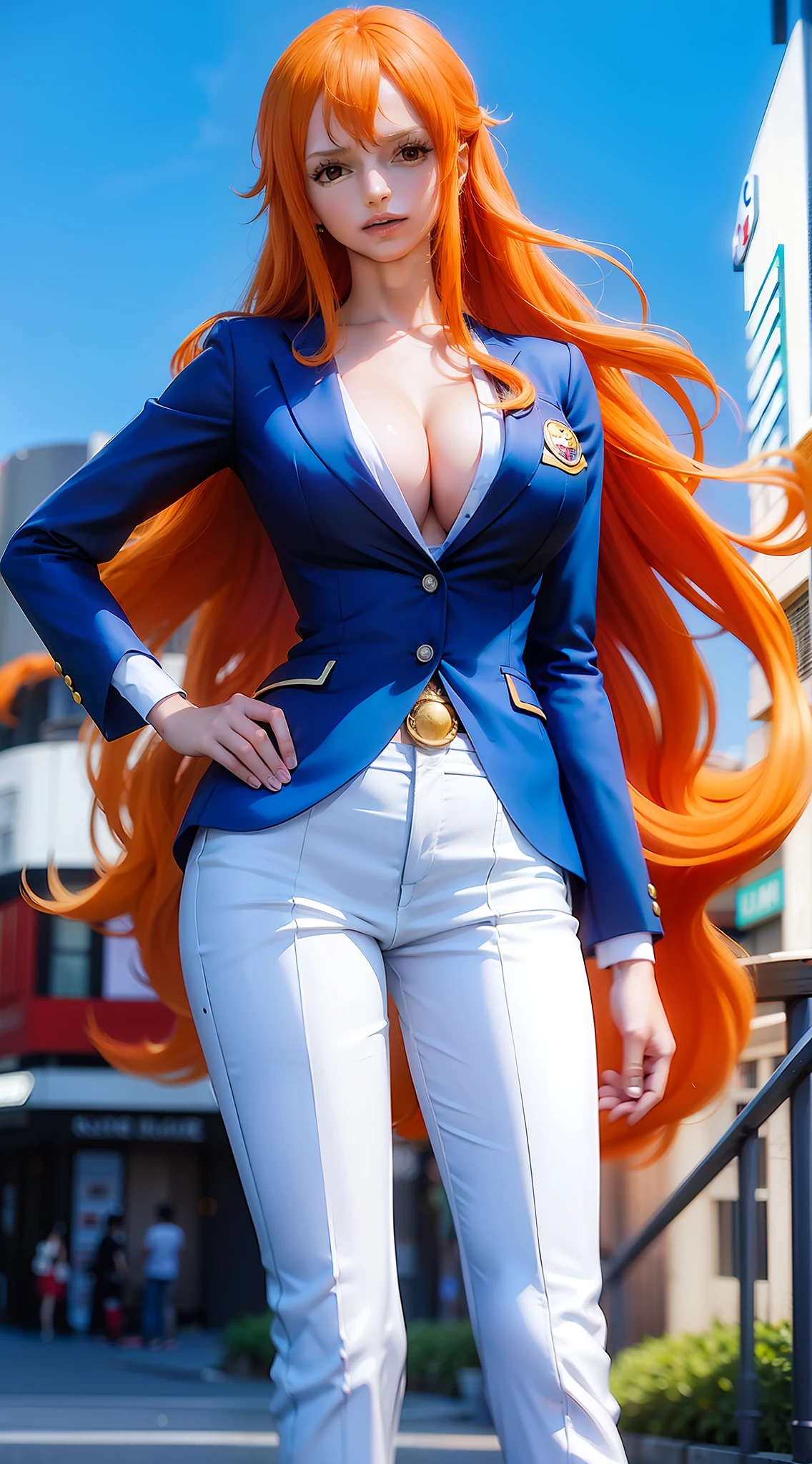 nami from anime one piece, long hair, orange hair, beautiful, beautiful woman, perfect body, standing, in formal dress, wearing white shirt, blue suit, blue pants, looking at viewer, smiling, in a public place, on the sidelines street, is in the city of tokyo, 4k, ochiro oda style