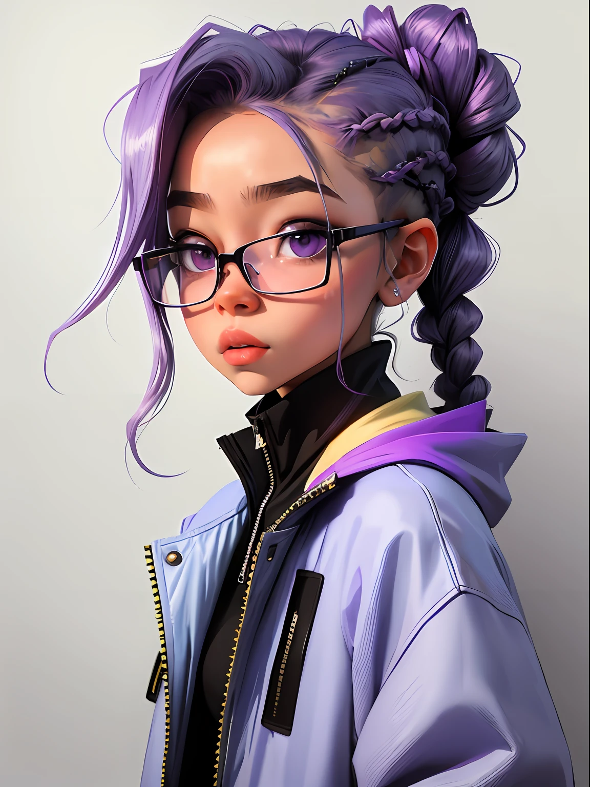 loli menina, bonita e fofa, wearing prescription glasses, jaqueta amarela, moletom branco, babyface, Estilo Chibi, bicolored lilac and blue hair, braided ponytail, olhos de detalhe perfeito, rosto delicado, CG perfeito, Qualidade de imagem HD, fundo simples