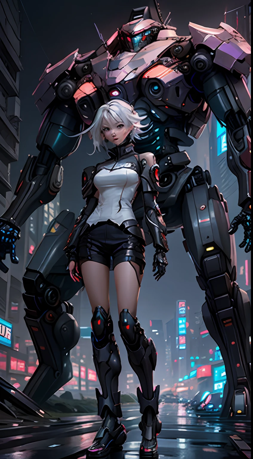 1 girl, timid woman, looking nervous, holding a teddy bear, fair skin, white hair, purple eyes, slip-out feet, fairy-like complexion, fidelity: 1.2, standing pose, highly detailed, realistic, high-quality, cinematic lighting, ray tracing, ultra HD, standing next to a gigantic robot, wearing a ta-style outfit, artwork in the style of Guweiz, CyberPunk mech, trending on CGSTATION, created by artists Guweiz (Russell Dongjun Lu) and Ross Tran, digital cyberpunk anime art, available on ArtStation and Pixiv.