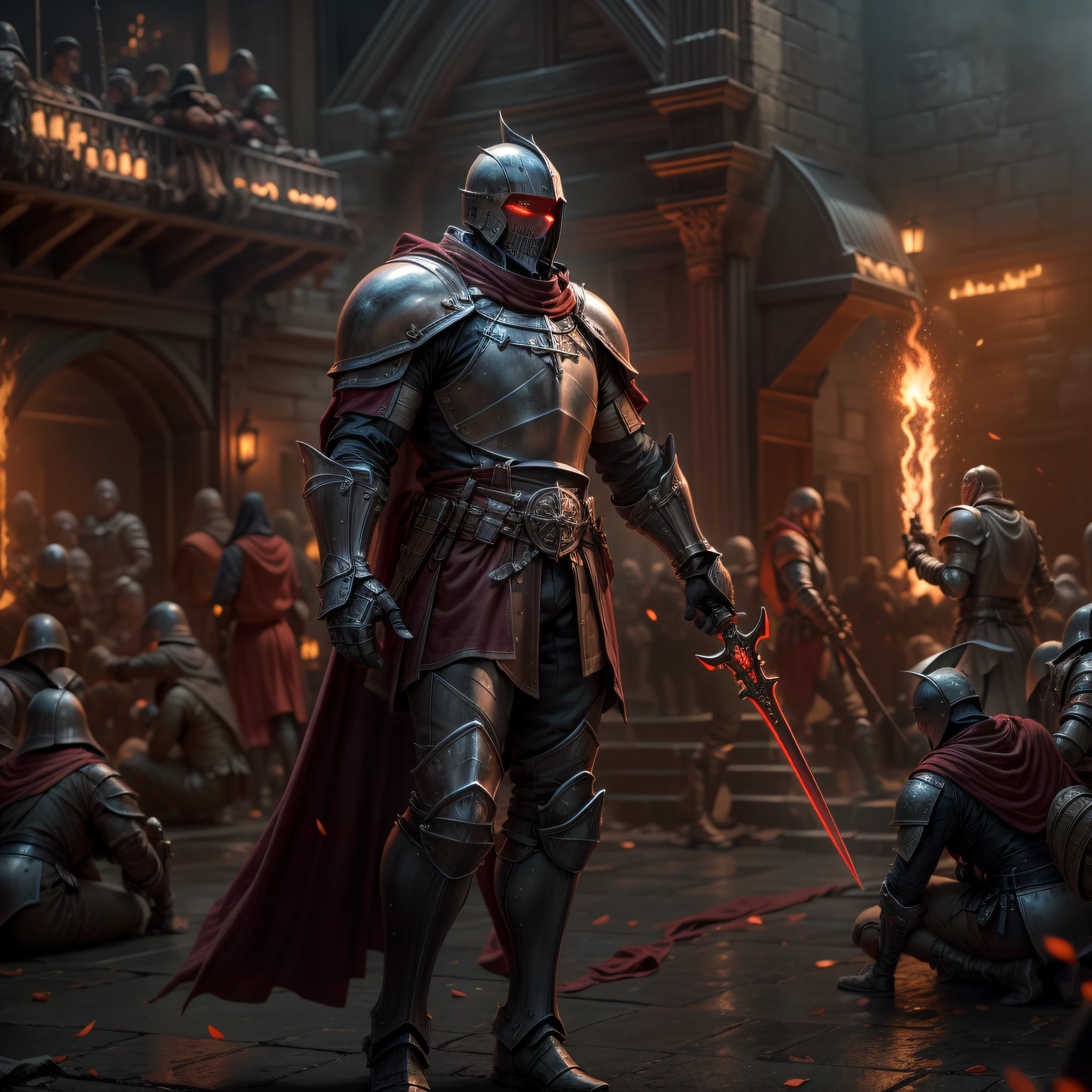 (Masterpiece, intricate details, best quality), 10K resolution, high resolution, 8K,(full body), (full body), 1man, (templar knight), (robust), (extremely detailed high-tech armor with tron integrated circuitry), positioned behind a huge and powerful shield with high-end details fortified with cutting-edge technology, imposing helm, a light fiery red in the eyes, extremely detailed image in a medieval war scene, rich in fights and background details