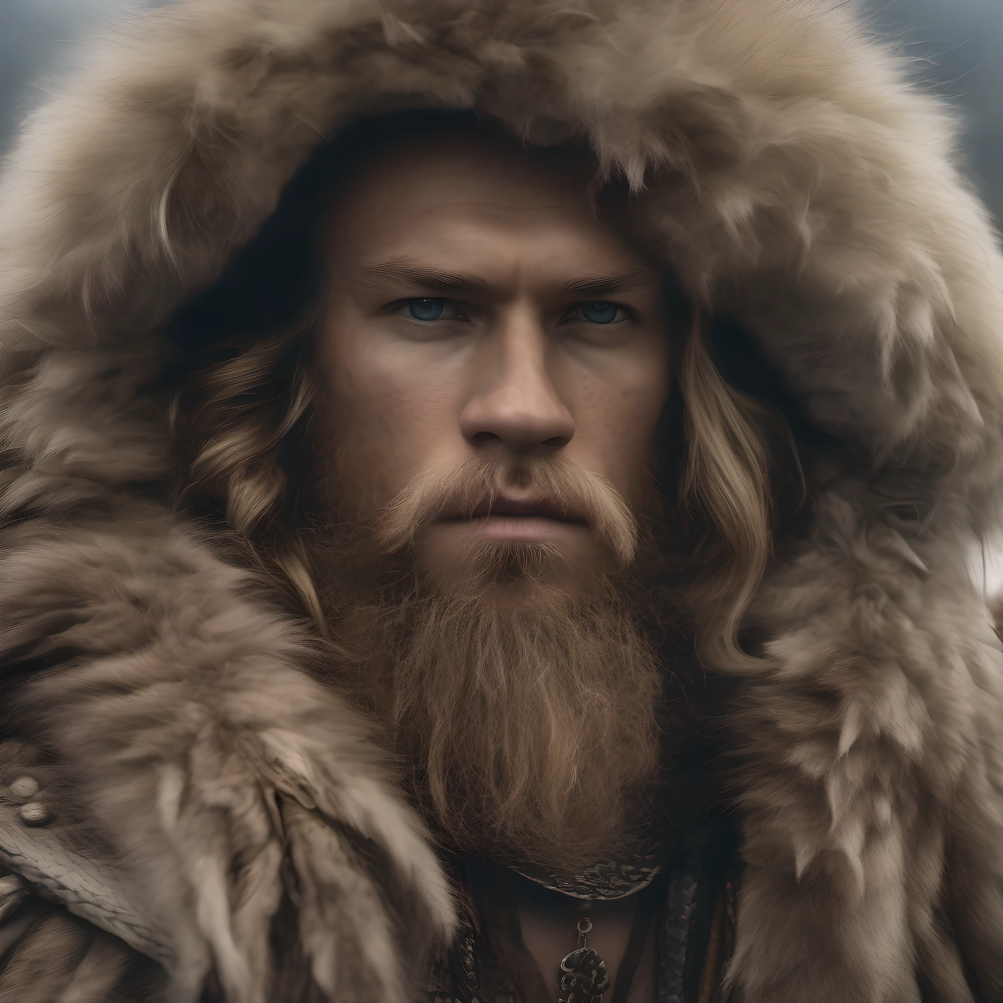 Viking man covered in furs, rough man, photo quality, 8K, UHD, style of Kim Keever