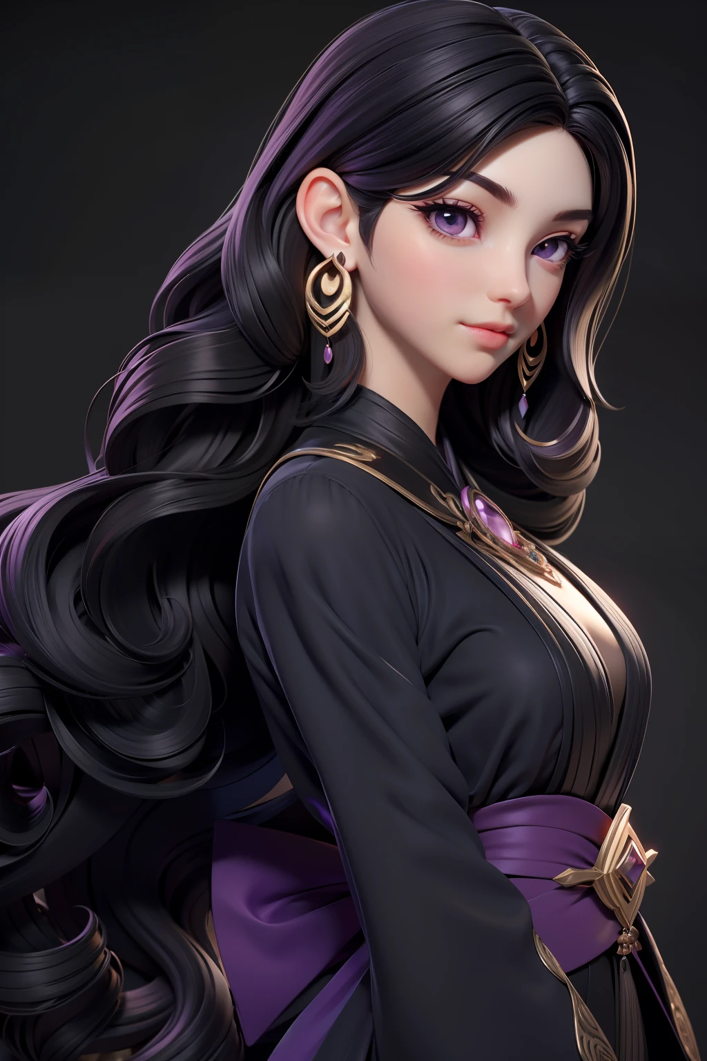 masterpiece, best quality, 1 girl, purple eyes, pale skin, dark black hair, long hair, earrings, jewelry, japanese, simple background, solo, upper body, wavy hair