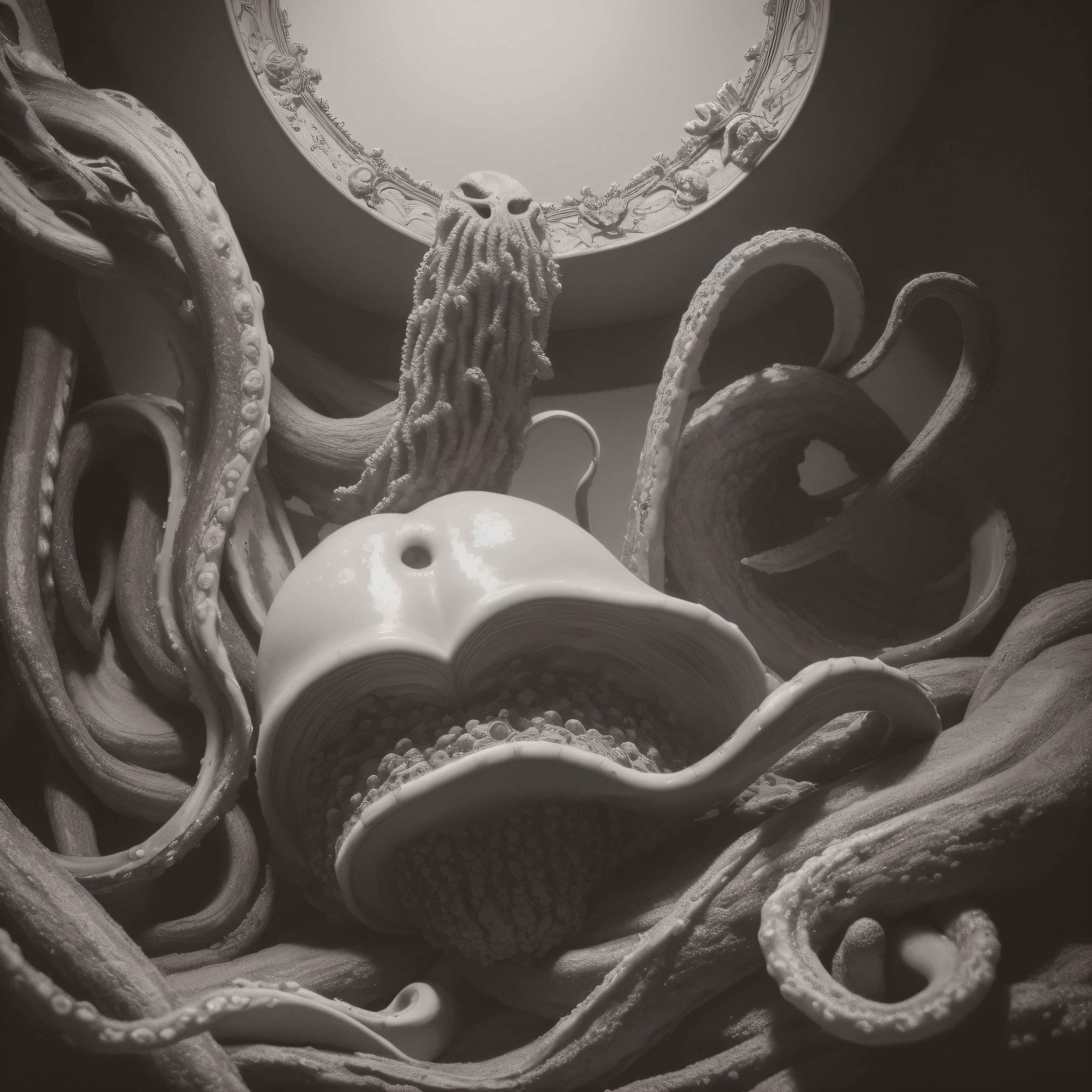 (extremadamente detallado, obra maestra, La mejor calidad), Estilo oscuro, intense illumination, rostro con arrugas, lengua larga, tentacle, deforme, monstruoso, interior de una piscina de agua verdosa, imagen submarina, alien con Colmillos finos, pico de pulpo amenazante. manchas de tinta. Rococo composition. Luz de caravaggio