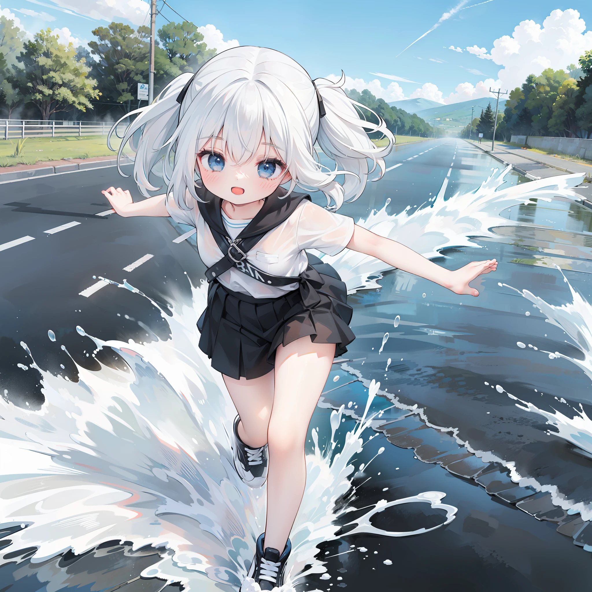 happy 1girl running by the puddles in the footpath, long straight black and white hair, sunny, expressive, exaggerated, ultra detailed, splashes