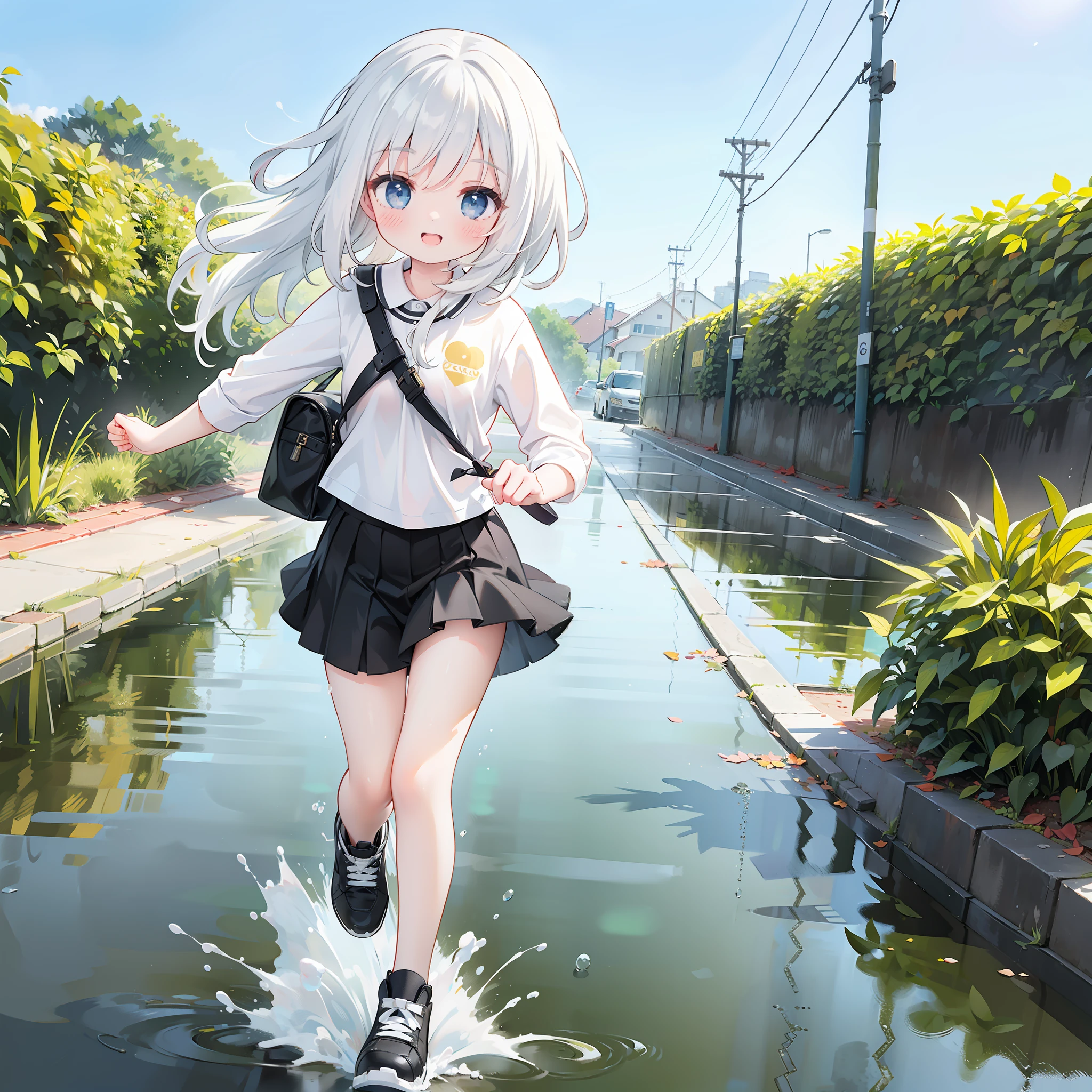 happy 1girl running by the puddles in the footpath, long straight black and white hair, sunny, expressive, exaggerated, ultra detailed, splashes