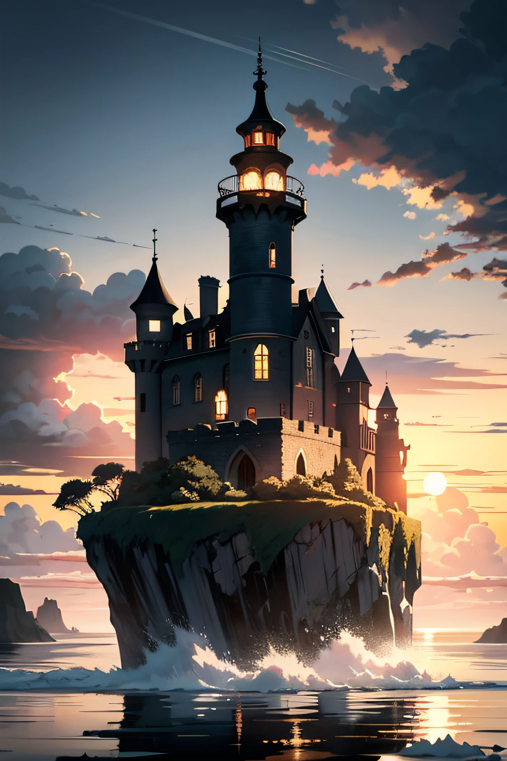 Late Century,the setting sun,There are five floating islands in the sky,Hanging Island,Tyndall Light,Clouds,a medieval castle,Cold and warm contrast,超高分辨率, (Masterpiece:1.4), ultra - detailed, Look up, the space, afloat, --v 6