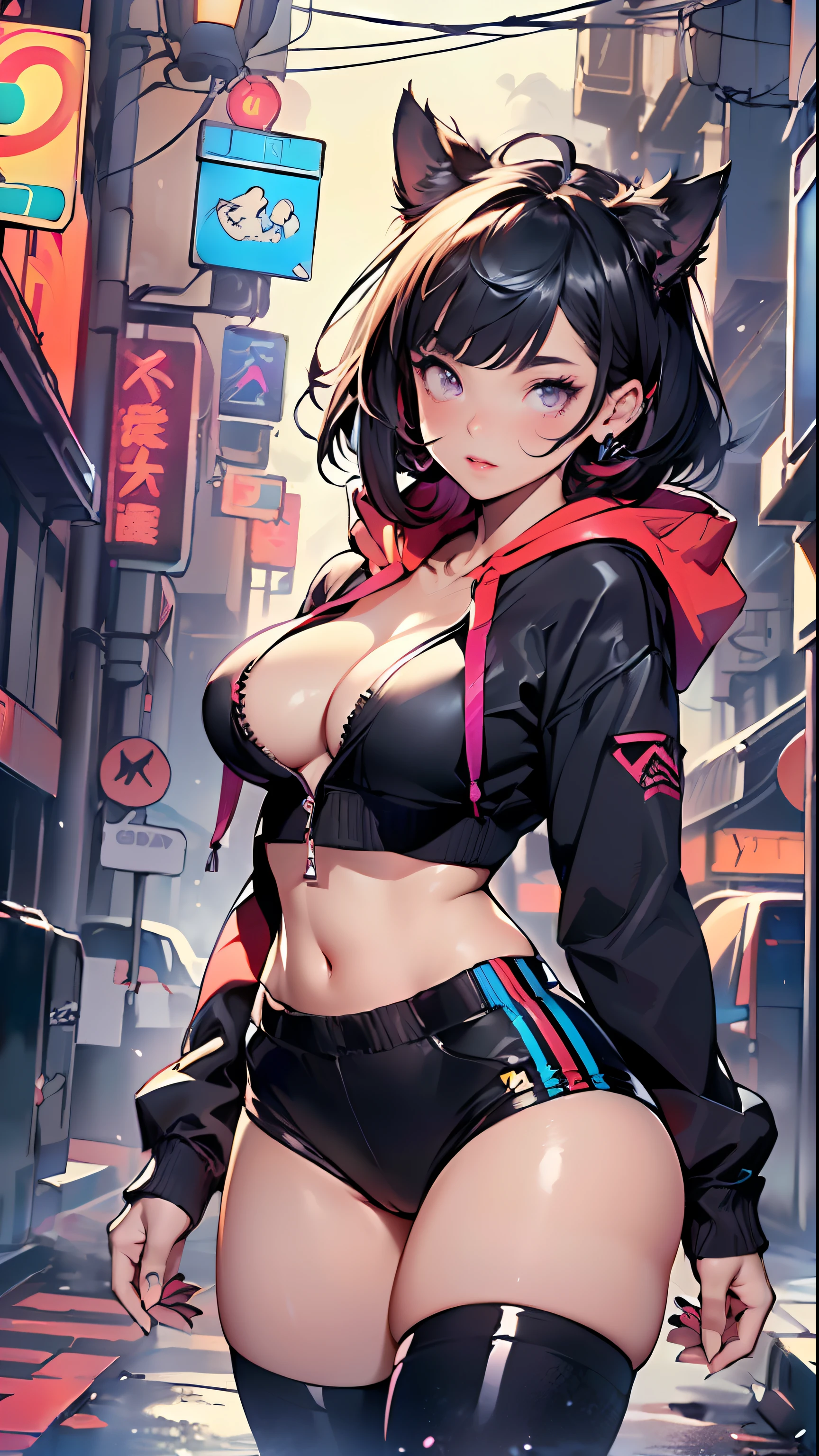 girl spacepunk,(((1girl))),((anime girl with extremely cute and beautiful black hair cat ears walking seductively down the street)),

(large breasts:1.4),saggy breasts,(((black wavy bob hair:1.35,bangs;1.35,messy hair,colored inner hair,ear breathing))),(((cat ears,cat ears on head,big cat ears))),((pink eyes:1.3,upturned eyes:1.3,perfect eyes,beautiful detailed eyes,rainbow glows ultra-detailed deep pink purple eyes:1.1,gradient eyes:1,finely detailed beautiful eyes:1,symmetrical eyes:1,big highlight on eyes:1.2)),((fat)),(((lustrous skin:1.5,bright skin: 1.5,skin tanned,shiny skin,very shiny skin,shiny body,plastic glitter skin,exaggerated shiny skin))),(spider lower abdomen,narrow waist,wide hip,athletic body,inflated legs,delicate detailed fingers,detailed body,detailed arms,human hands,detailed hands),

cute,slutty,seductive,erotic,(detailed face),(((nsfw))),

zettai ryouiki,revealing clothing,show skin,((((underboob)))),(cleavage),(wearing a mechanical space body armor:1.3,semi-naked,with little clothing,tiny thong,bare legs,visible thong straps),((((crop top hoodie,cropped hoodie,hoodie))),(detailed outfit,detailed clothes),

(dynamic pose:1.0),solo focus,embarrassed,centered,scale to fit dimensions,Rule of thirds,

outdoors,((night view)),(cyberpunk night street Background: 1.5,dark sky,alleyway,lonely alley,thick clouds,detailed background:1.25),

(best quality),(high resolution),(sharp focus),(ultra detailed),(extremely detailed),(extremely high quality artwork),8k_wallpaper,(extremely detailed CG 8k),(very fine 8K CG),((hyper super ultra detailed perfect piece)),flawless,(((masterpiece))),illustration,vibrant colors,(intricate),High contrast,Selective lighting,Double exposure,HDR (High Dynamic Range),Post-processing,Background blur,