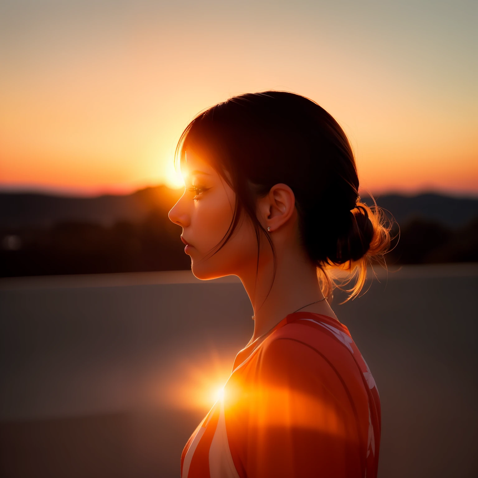 silhouette of a woman with her hair in a bunt at sunset, woman silhouette, a woman's profile, silhouette, silhoutte, silhouette over sunset, sunset glow around head, woman's profile, girl watching sunset, sunset halo behind her head, detailed silhouette, silhouetted, in the sunset, sunset halo around her head, backlit face