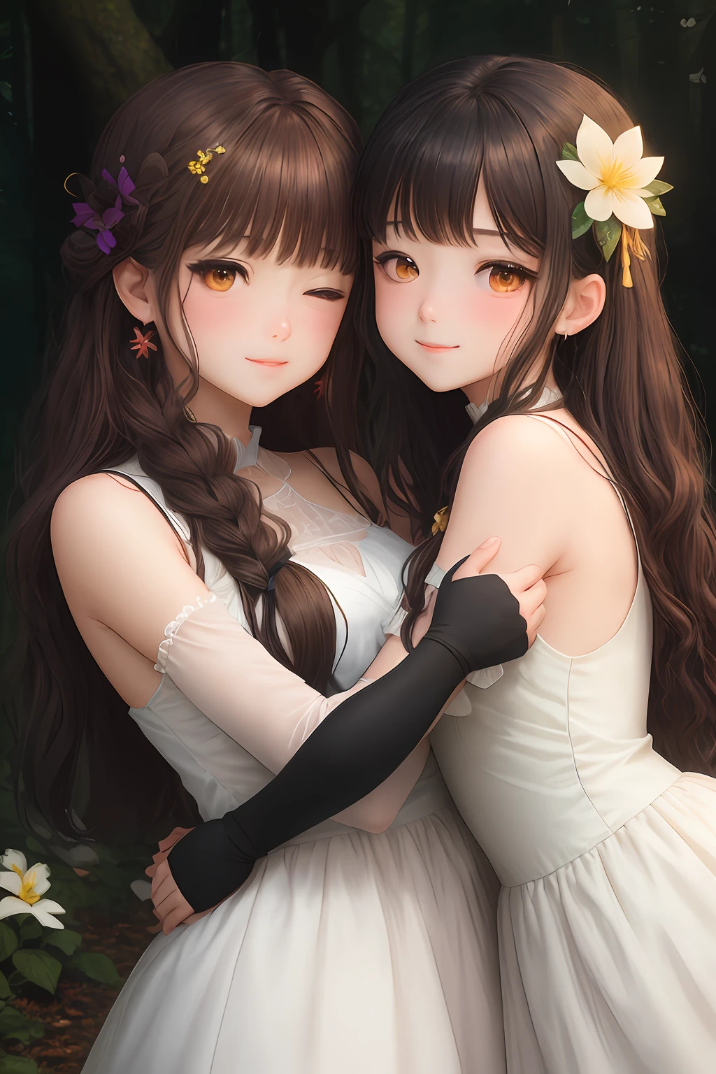two female anime characters that hug each other in the forest in front of trees,RAW photogr,Realistic, Multiple girls, dress, Smile, 2girls, Open mouth, mitts, Braid, Earrings, White dress, jewelry, One eye closed, hair flower, hair adornments, White gloves, hug, Long hair, flower, Elbow gloves, Red eyes, view the viewer, bangs, Brown hair, Blush, bow, Yellow eyes, Bare shoulders, Black hair,