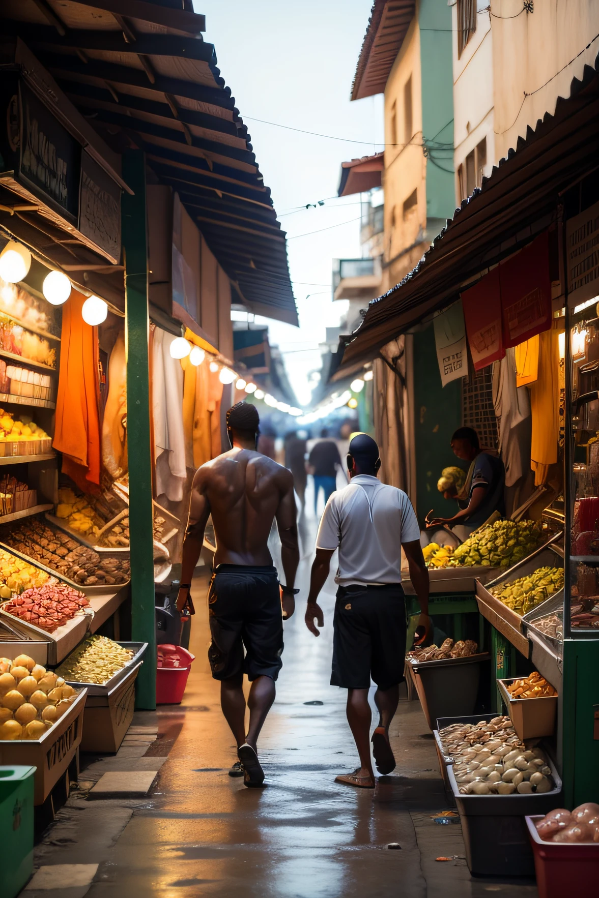 LAPA market corridor with black men , vendendo um Peixes ,abacate e Melancias , 8K, foto RAW, retrato , melhor qualidade, ultra alta res, fotorealista