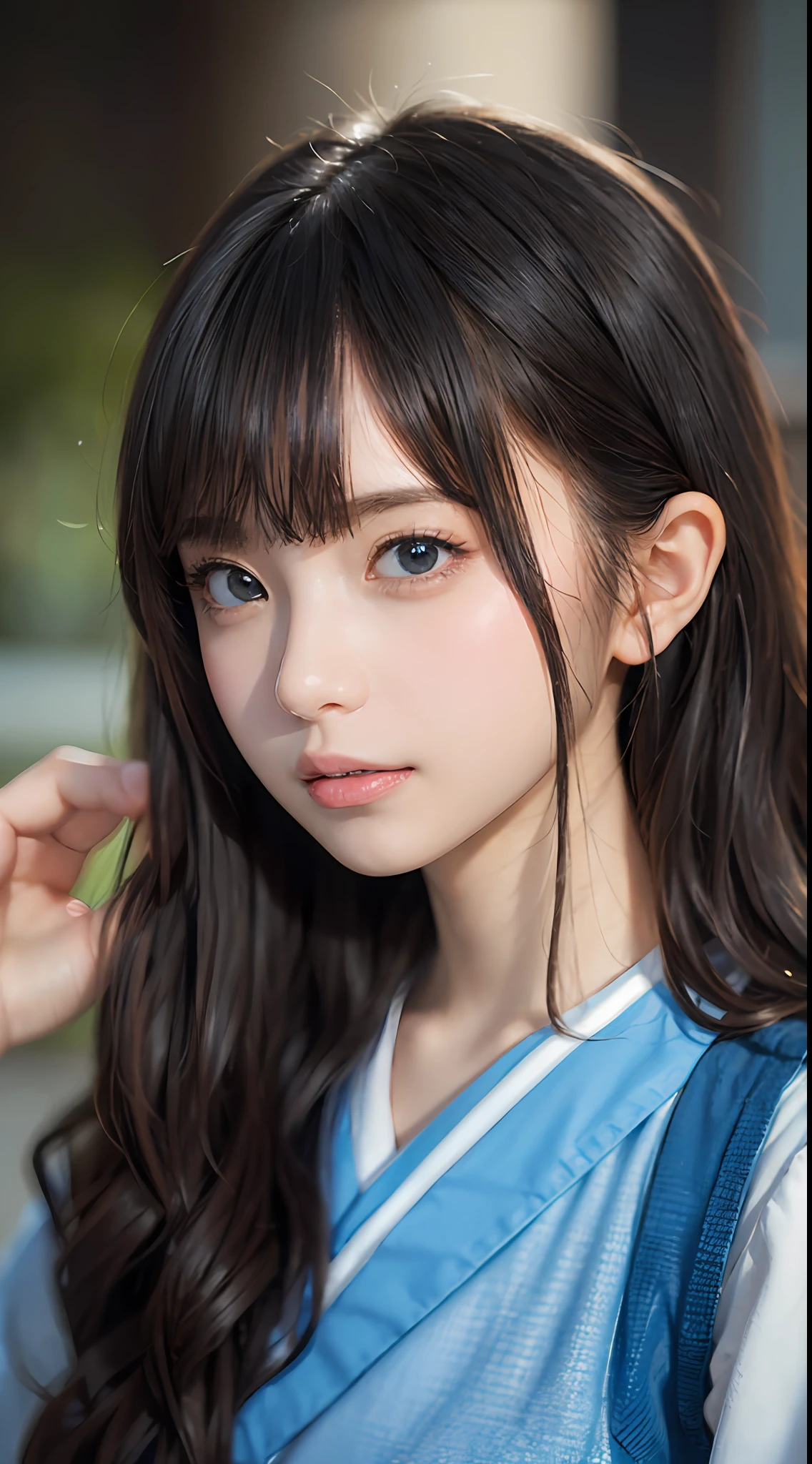 masterpiece、one beautiful women、A detailed face、A detailed eye、Detailed skin、top-quality、japanes、hi-school girl、idol、short-cut、black eyes、The hair color is only partially bright light blue、Illuminated from the front with bright lighting、profetional lighting、Facing straight ahead、