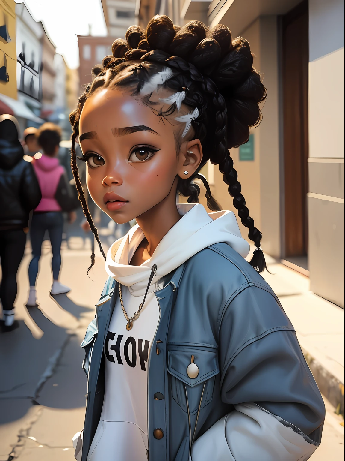 loli menina negra, bonita e fofa, usando touca street, jaqueta, moletom branco, face, Estilo Chibi, cabelos bicolores, branco e azuis, afro, dread's, braided ponytail, olhos de detalhe perfeito, rosto delicado, CG perfeito, Qualidade de imagem HD, fundo simples