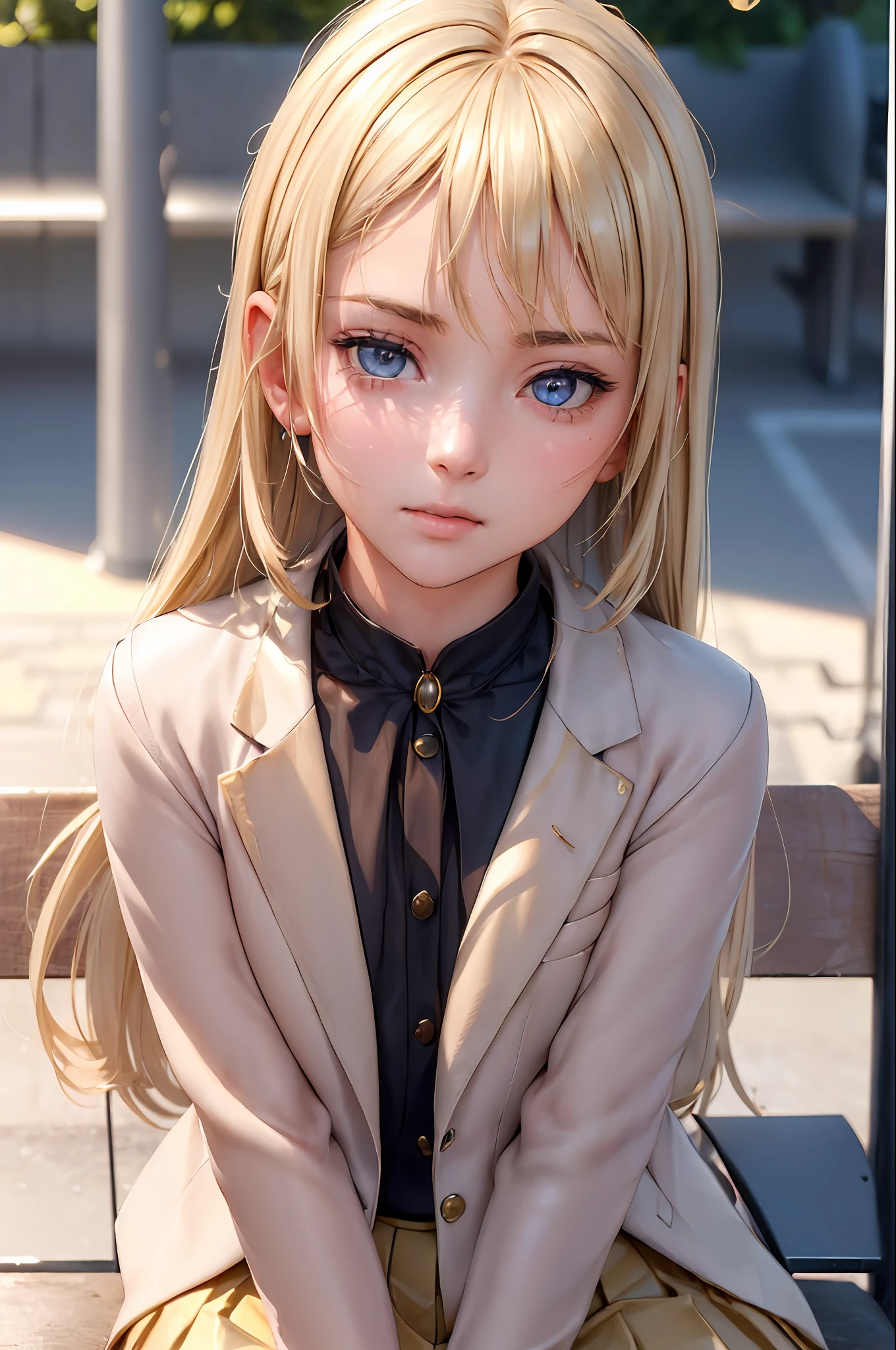 1girl, blonde hair, school uniform, sitting on a bench, waiting for the bus, bus station, city background, perfect eyes, perfect hands, ultra high res, cinematic angle, professional lighting, best quality, masterpiece, sidelighting, sharp, perfect focus, bokeh, photorealistic, (finely detailed beautiful eyes: 1.3), realistic, (3d face:1.1), (lustrous skin:1.5), (ultra high res intricate face details), (face skin pores:1.3), ultra high res cloth texture, 8k eye details, 8k pupils,