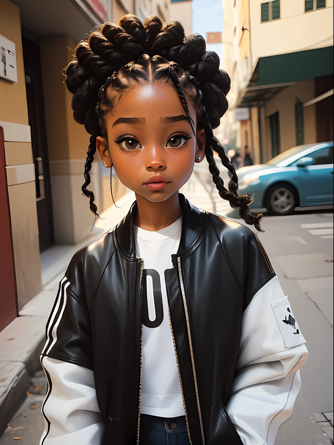  menira, bonita e fofa, usando touca street, jaqueta, moletom branco, babyface, Estilo Chibi, cabelos bicolores, branco e azuis, afro, dread's, braided ponytail, olhos de detalhe perfeito, rosto delicado, CG perfeito, Qualidade de imagem HD, fundo simples