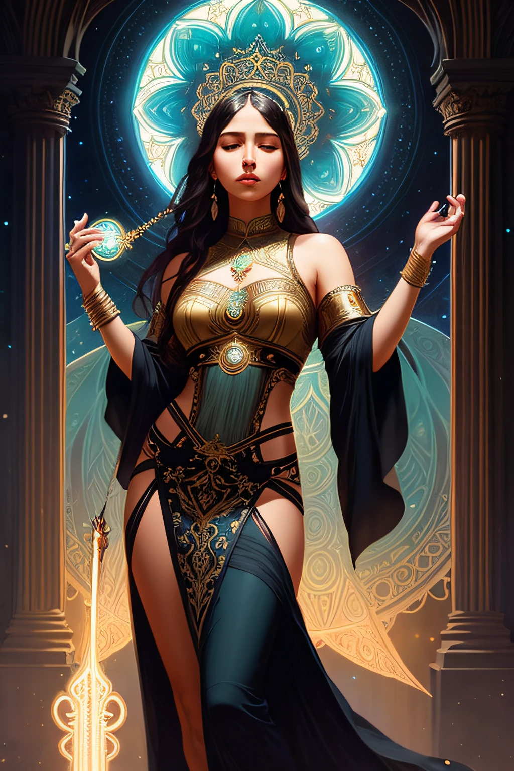 a beautiful latin woman, full body, looking at viewer, symmetric, eyes closed, slight smile, spirtual awakening, intricate details,
cosmic, ethereal, mystical, complicated environment, brush stokes, illuminating lights,
Greg Rutkowski, RHADS, Beeple, Makoto Shinkai, Lois van Baarle, Ilya Kuvshinov, Rossdraws, Tom Bagshaw, Alfonse Mucha,
masterpiece, ultra high res, high quality,