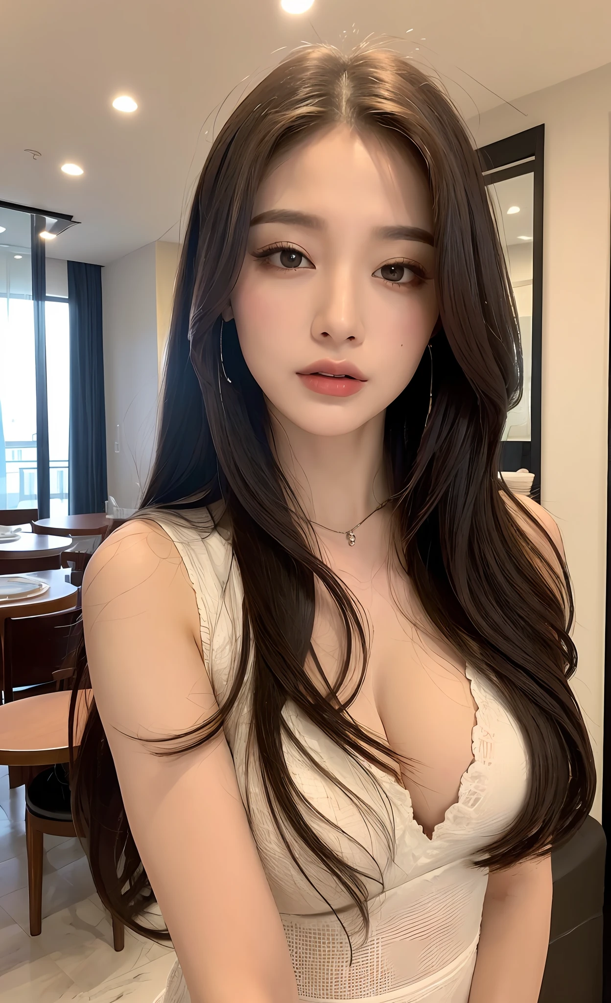 (Best Quality, 8K, Masterpiece, Ultra HD: 1.3), 1 Pretty Girl, (Big: 1.2), (Long Hair), Abs, Perfect Figure, Ultra Fine Face, Delicate Lips, Beautiful Eyes, Double Eyelids, Super fine hand, Super fine finger, wear, body dress (Sultry) ((Aroused: 1.5)), Open shirt show , Detailed   , luxury restaurent