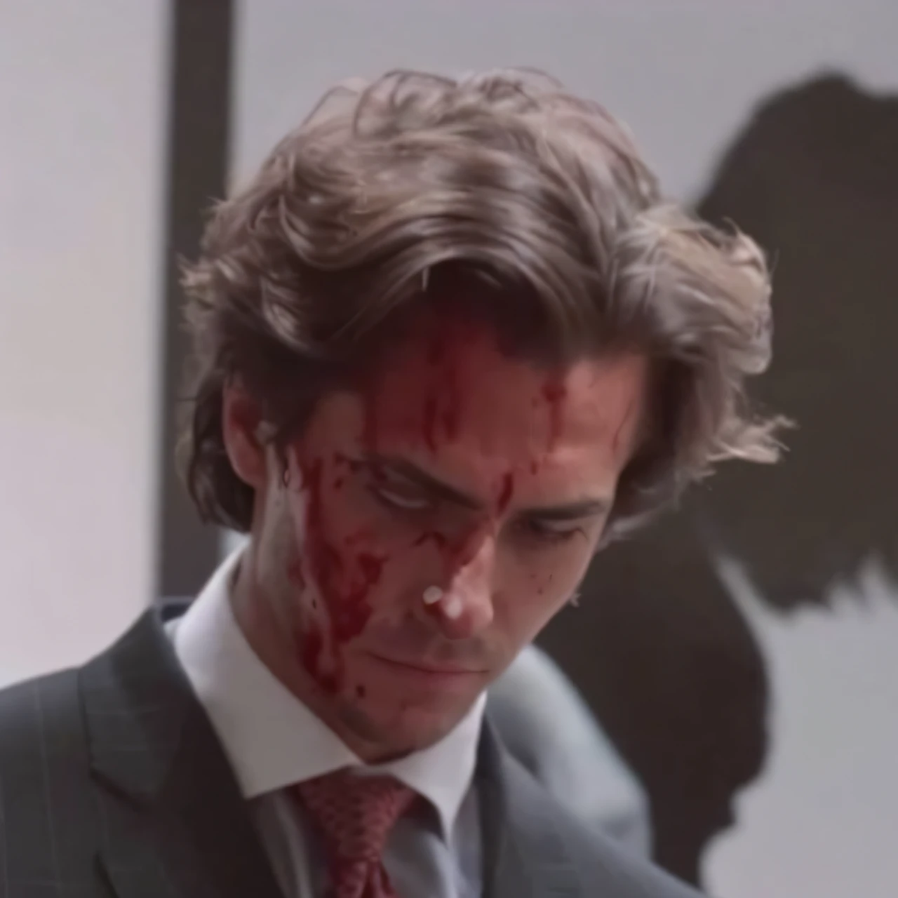 low head，ember，Handsome，Business suit，floated hair，Blood stains on the face