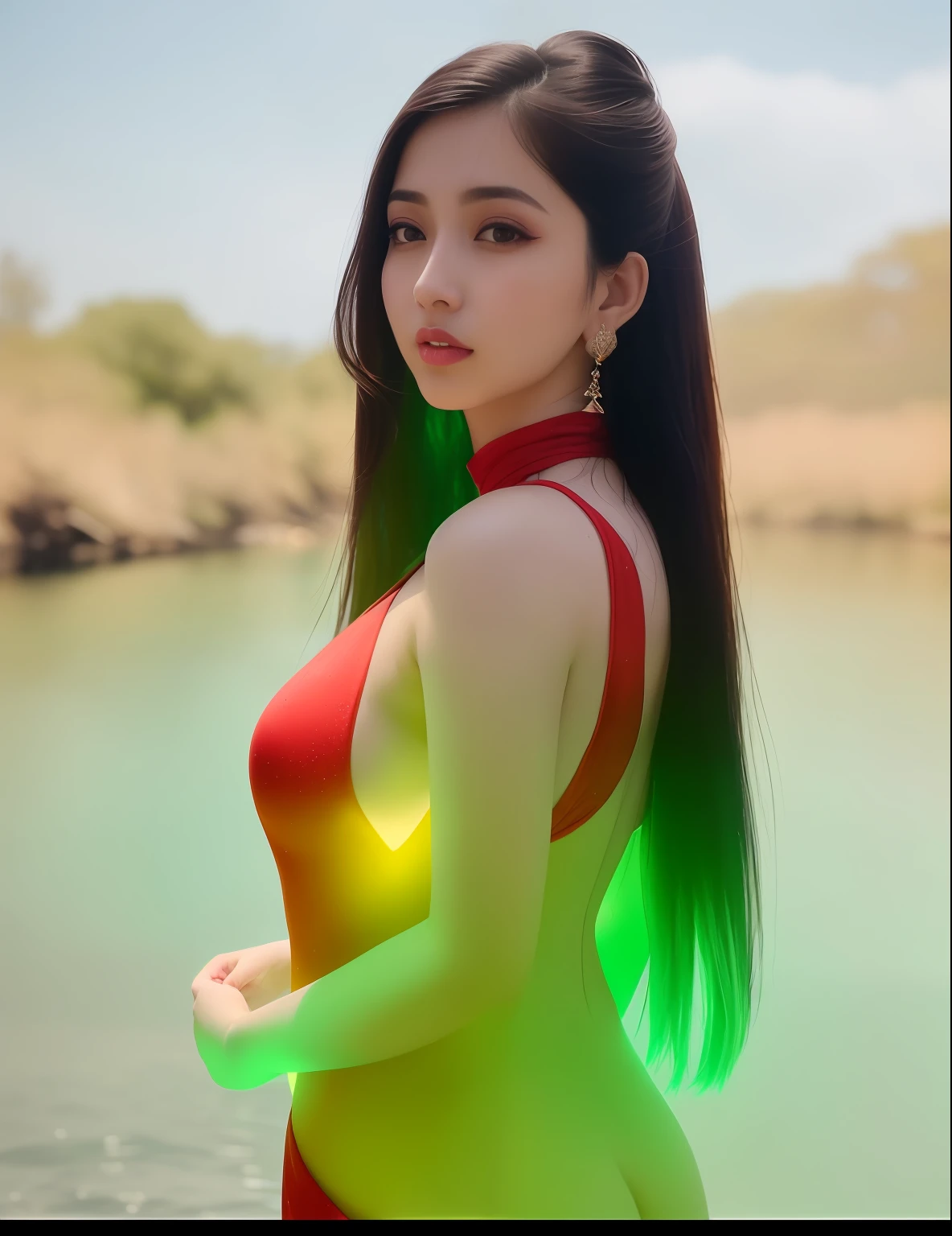 a close up of a woman in a red dress standing in front of a river, glowing white colored skin!!, profile pic, very extremely beautiful, glowing skin, white one beautiful face, inspired by Ambreen Butt, colourful, vibrant colour, candid picture, ruan ji, kyza saleem, profile image, beautiful girl, very vibrant, handsome girl
