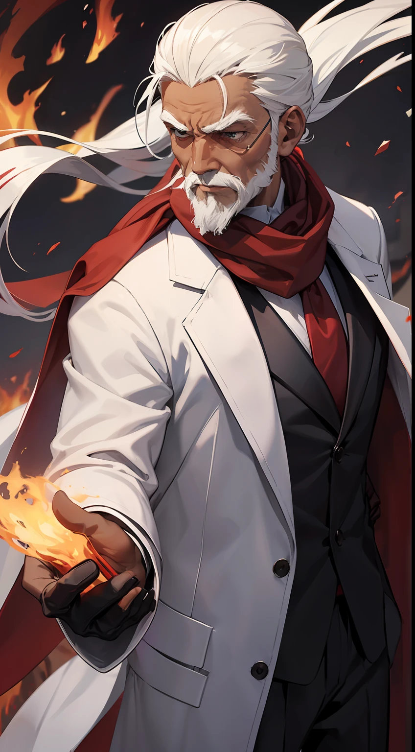 anime, old man, burnt dark skin, dark red scarf, white suit, white overcoat, long ponytail, tiny beard, black gloves, fire