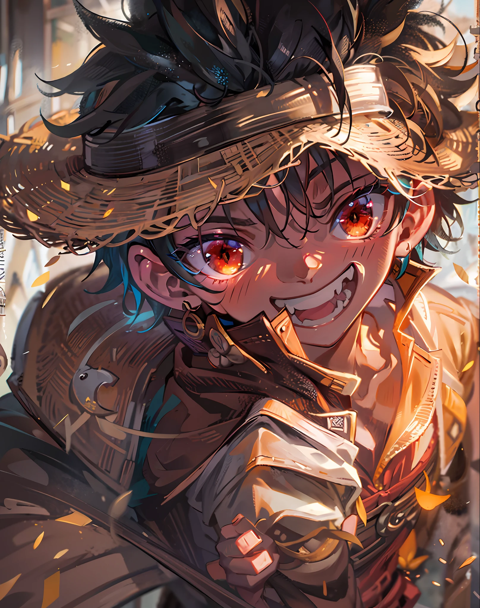 1boy, wanostyle, monkey d luffy, smiling, straw hat, looking at viewer, solo, upper body, ((masterpiece)), (best quality), (extremely detailed), depth of field, sketch, dark intense shadows, sharp focus, soft lighting, hdr, colorful, good composition, fire all around, spectacular, closed shirt, anime screencap, scar under eye, ready to fight, black eyes