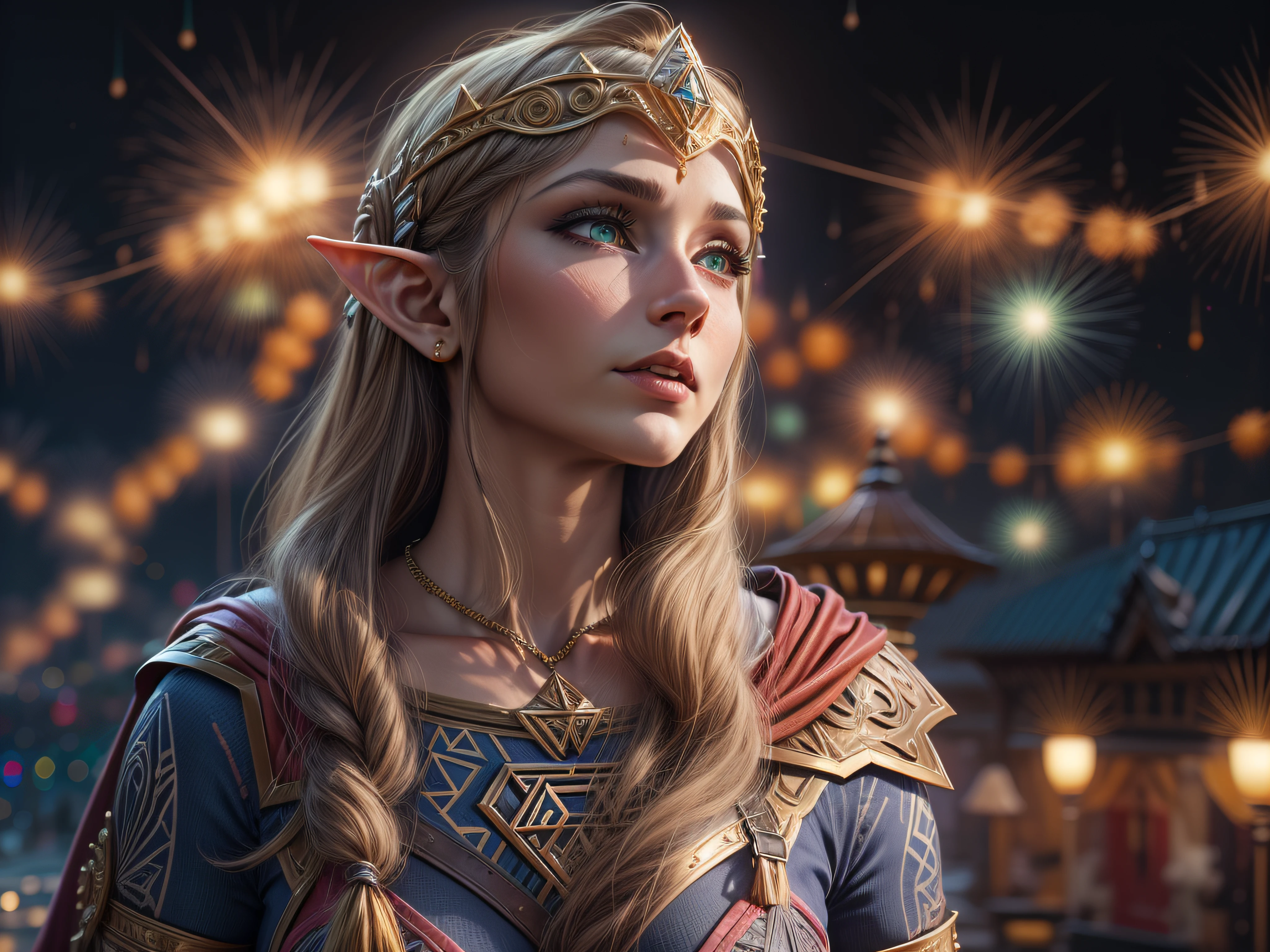 Closeup on an imposing Princess Zelda dressed as Supergirl in a glorious appearance, cheia de orgulho, olhar vitorioso, ricamente detalhada, Hiper realista, 3D-rendering, obra-prima, NVIDIA, RTX, ray-traced, Bokeh, Night sky with a huge and beautiful full moon, estrelas brilhando, campos do Reino de Hyrule,