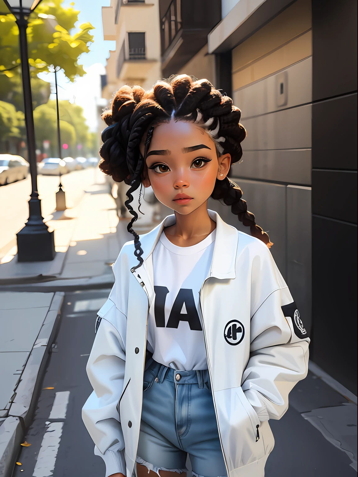 loli menina morena, bonita e fofa, usando touca street, jaqueta, moletom branco, face, Estilo Chibi, cabelos bicolores, branco e rosa, afro, braided ponytail, olhos de detalhe perfeito, rosto delicado, CG perfeito, Qualidade de imagem HD, fundo simples